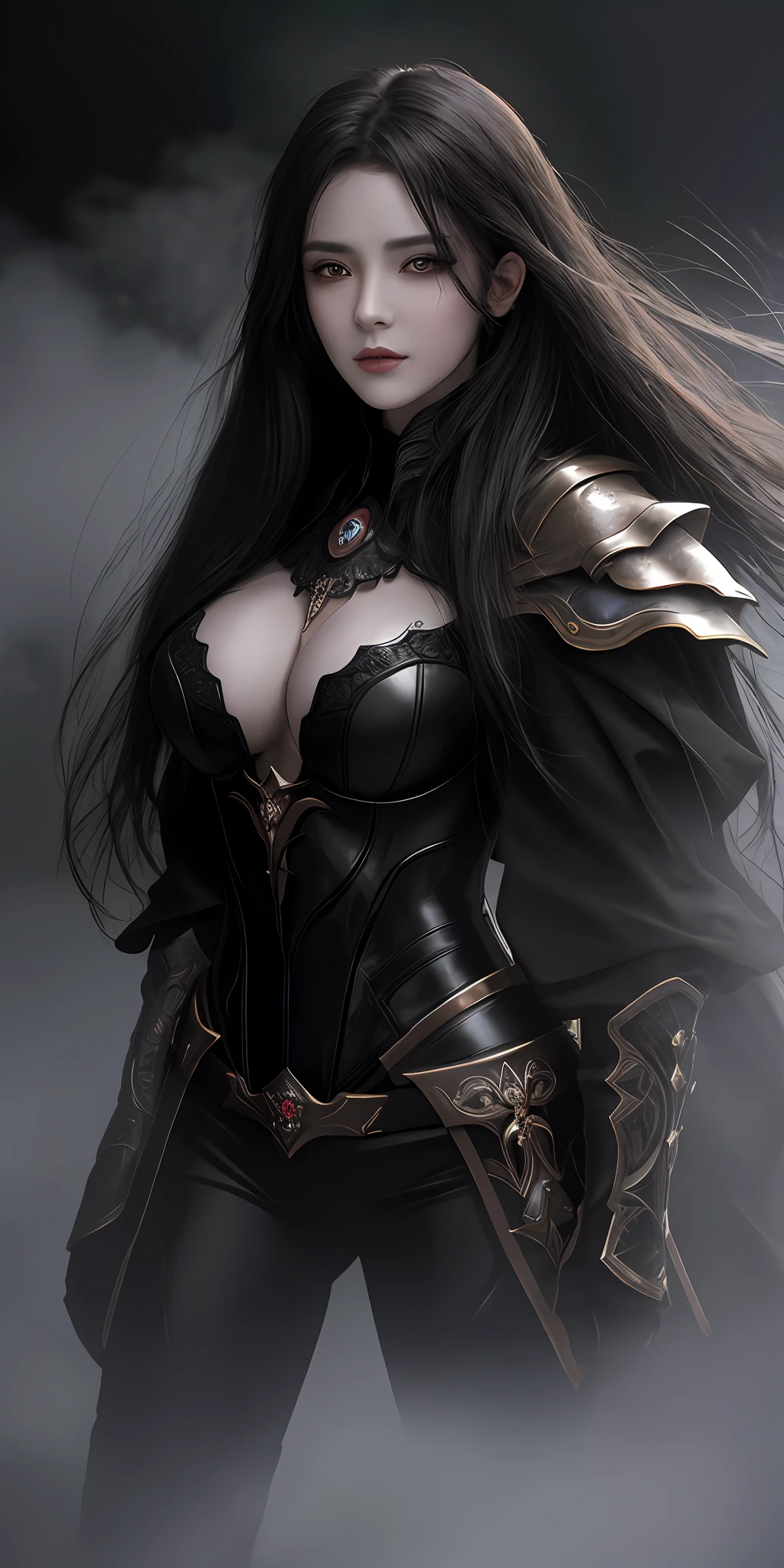 (16k, masterpiece, best quality), ultra-detailed, detailed beautiful round eyes, beautifully detailed face, high quality, high resolution, perfect anatomy, (a female necromancer appeared from the fog with an army of undead), in the darkness of the night, goddess of darkness, undead army, straight hair, evil, an evil face, undead background, big breast, mature women, dynamic pose, looking into the distance