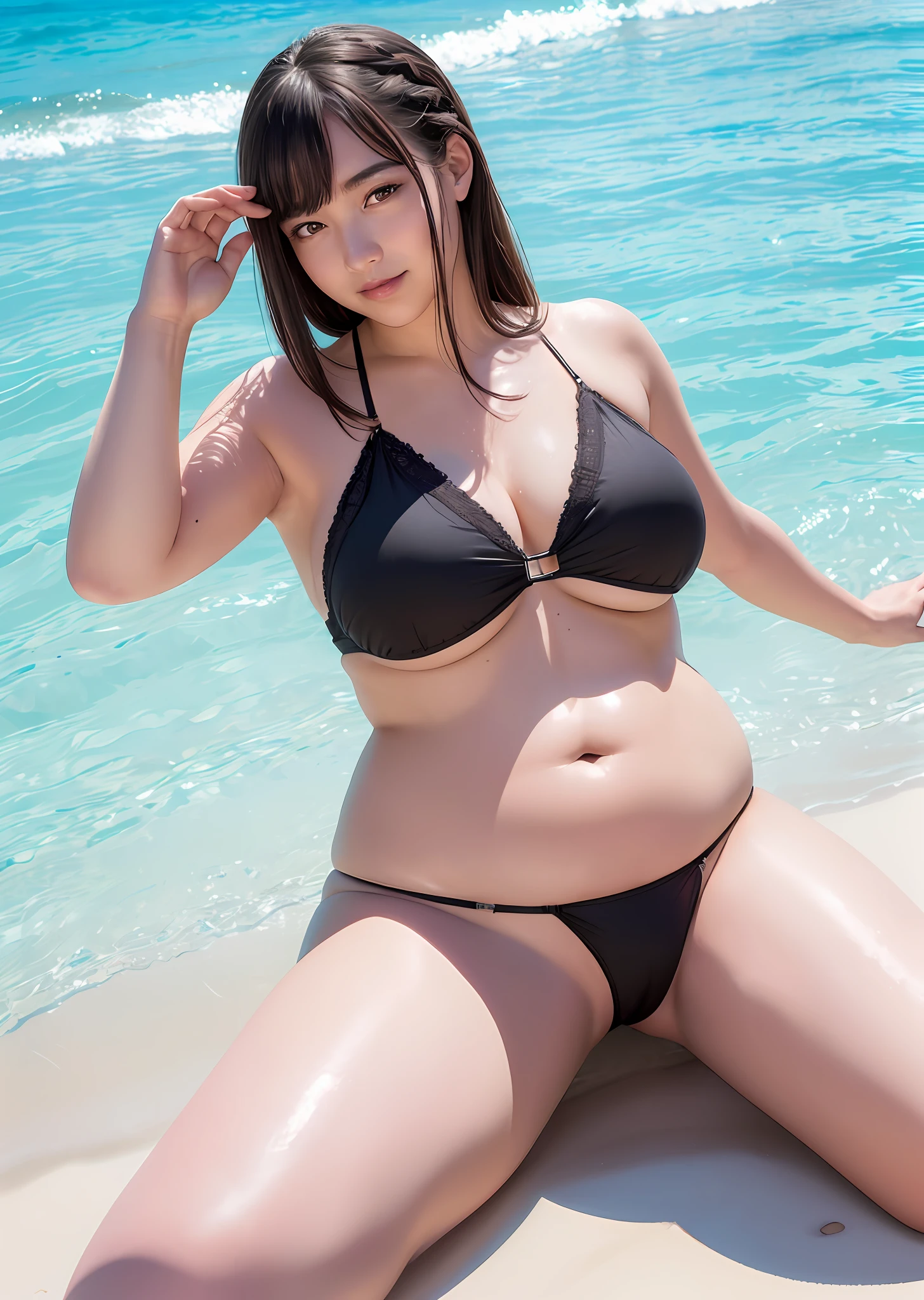 ((Top Quality, 8k, Masterpiece: 1.3)), 1 girl, (Random hairstyle, Huge breasts: 1.4), Ultra detailed face, Detailed eyes, Double eyelids, Poccoli belly, Big ass, Chubby, Open legs, plump belly, 20 years old, Protruding pubic hair, Protruding breasts, Tiny panties, Black lace crystal clear micro bikini swimsuit, Full visible breasts, Spilled breasts, Dense pubic hair, Unhidden breasts, 2 arms, 2 legs, chubby belly, looking at the camera, random nature, wet skin, realistic rays, beach, bra removed, refreshing smile, plump belly, open legs,
