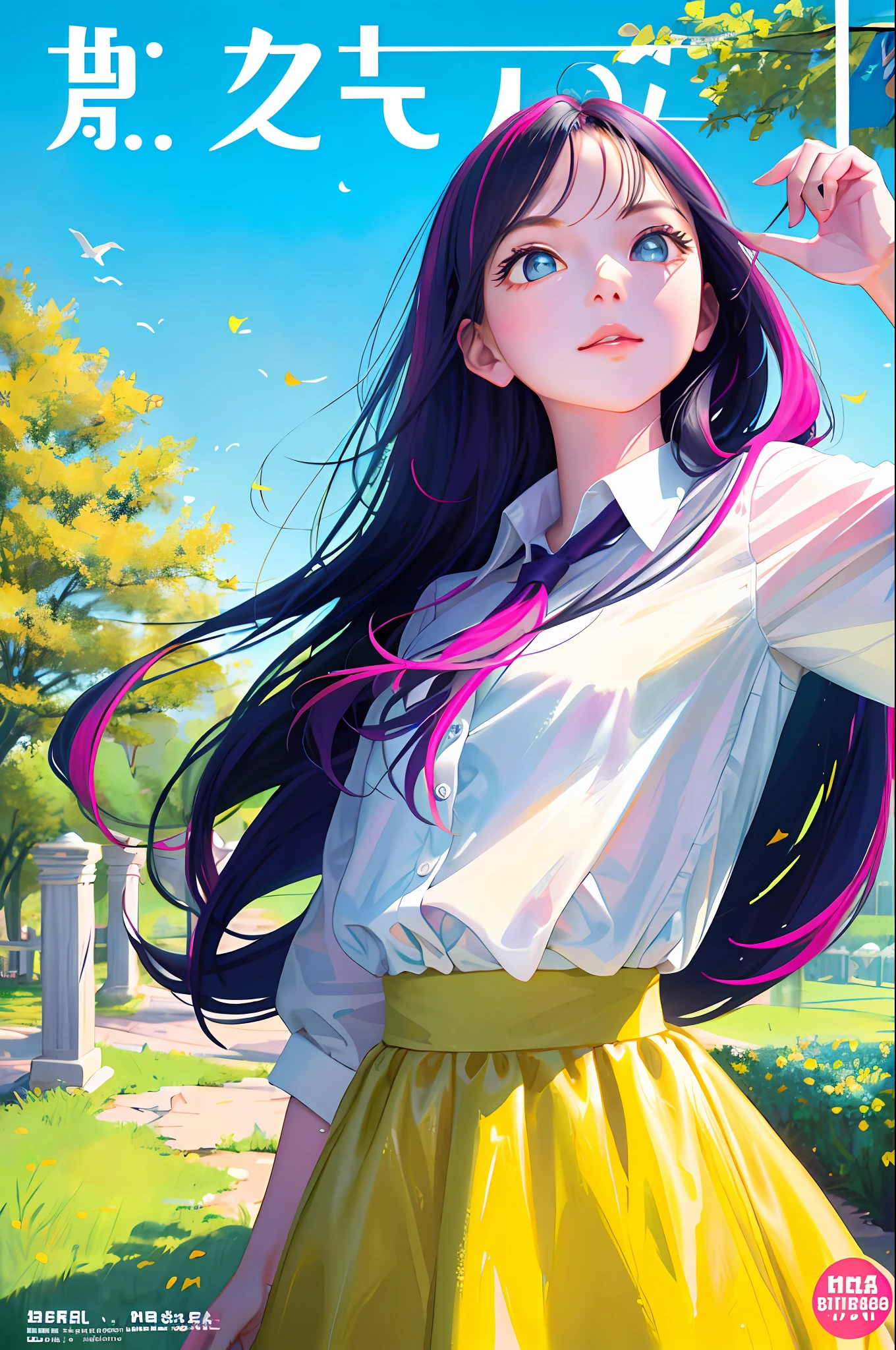 ((masterpiece)), better quality, great highlight on the upper body, wearing light spring clothes, colorful hair, outdoor landscape, magazine cover photography - start with a confident and charming pose.