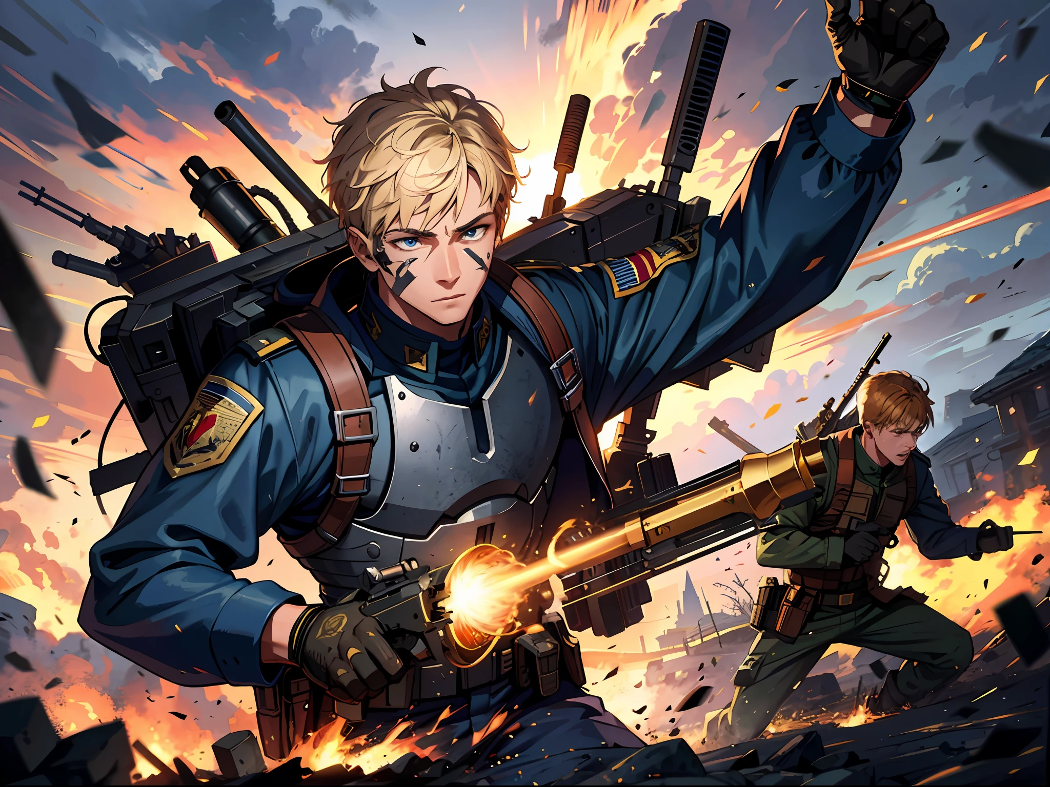 High resolution, highest quality, illustrations, super detailed, (detailed face), (detailed eyes), battlefield, a squad of male soldiers, fighting, artillery fire