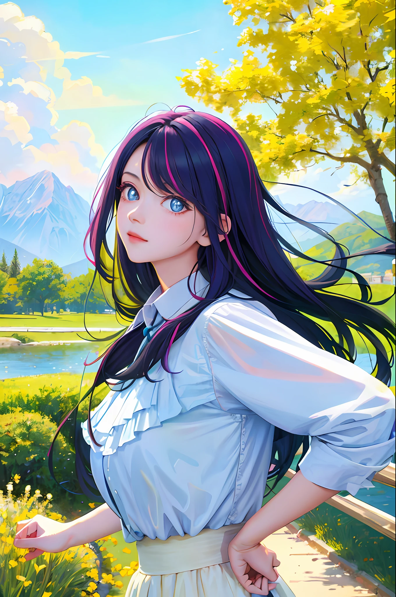 ((masterpiece)), better quality, great highlight on the upper body, wearing light spring clothes, colorful hair, outdoor landscape, magazine cover photography - start with a confident and charming pose.