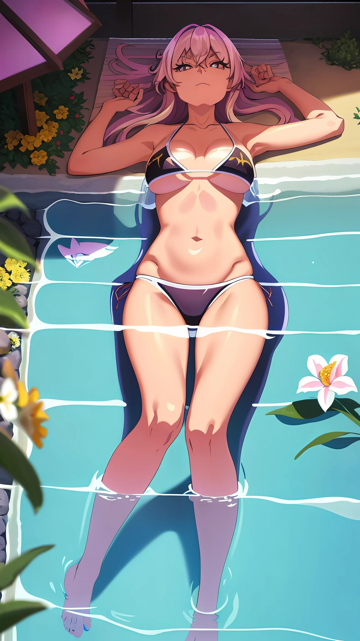 (sfw), (masterpiece:1.2), dakini, best quality, masterpiece, highres, original, extremely detailed wallpaper, (ultra-detailed), (best illustration), (best shadow), big breasts, (perky breasts), pink micro bikini, micro bikini, from above, sand, shade, sun rays, god rays, nervous, yellow flowers, red flowers, looking at viewer, bikini is too small, extra small bikini, micro top, micro bottom, thong, laying in water, surrounded by water, wet, flowers floating on the water, (scared), thin waist, skinny, dakini, transparent bra, see-through top, no top, outline of he body, (laying on her stomach), (showing her back), showing her ass, laying on her breasts