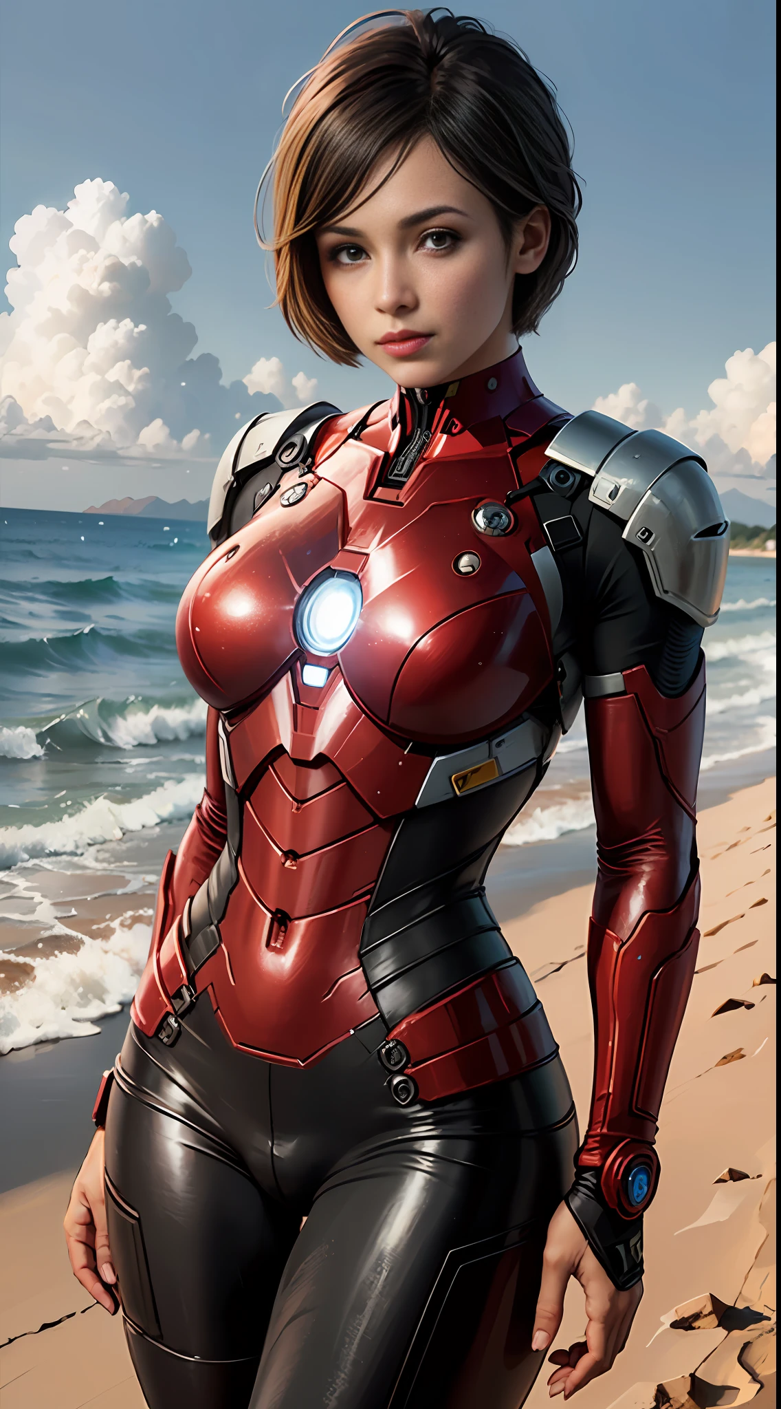 Iron Man, Beach, (inspired by Mass Effect), Iron Man suit, safety rating, breasts, fat buttocks, leather pants wrapped around hips (8k, foto raw, fotorrealista: 1, 25), (muito brilho labial, muitos cílios, melhor qualidade, ultra alta resolução, profundidade de campo, Aberração cromática, luz ampla, cor natural, distant image (1:2)