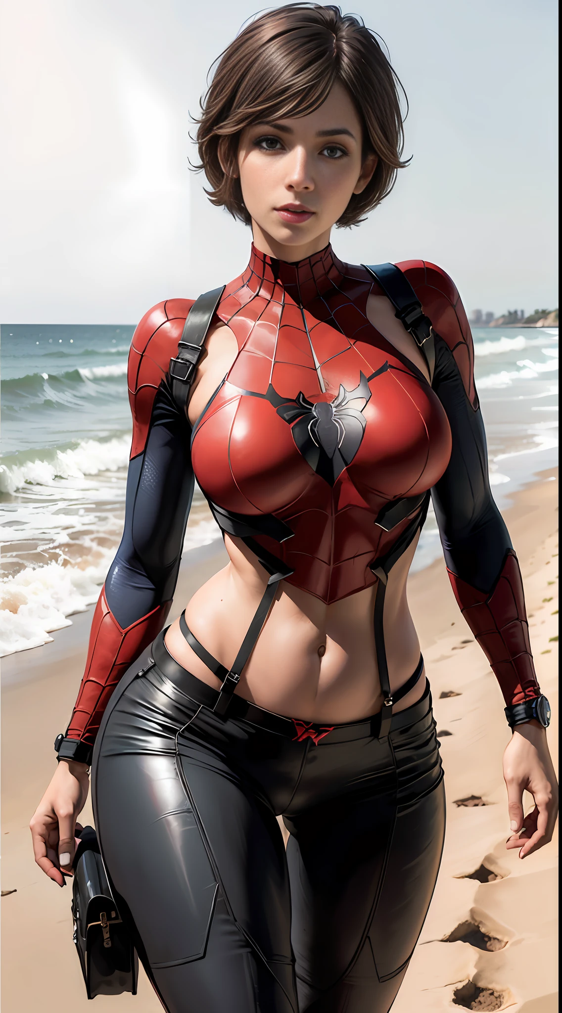 Spider-Man, Beach, (inspired by Mass Effect), Spider-Man suit, safety rating, breasts, fat buttocks, leather pants wrapped around hips (8k, foto raw, fotorrealista: 1, 25), (muito brilho labial, muitos cílios, melhor qualidade, ultra alta resolução, profundidade de campo, Aberração cromática, luz ampla, cor natural, distant image (1:2)