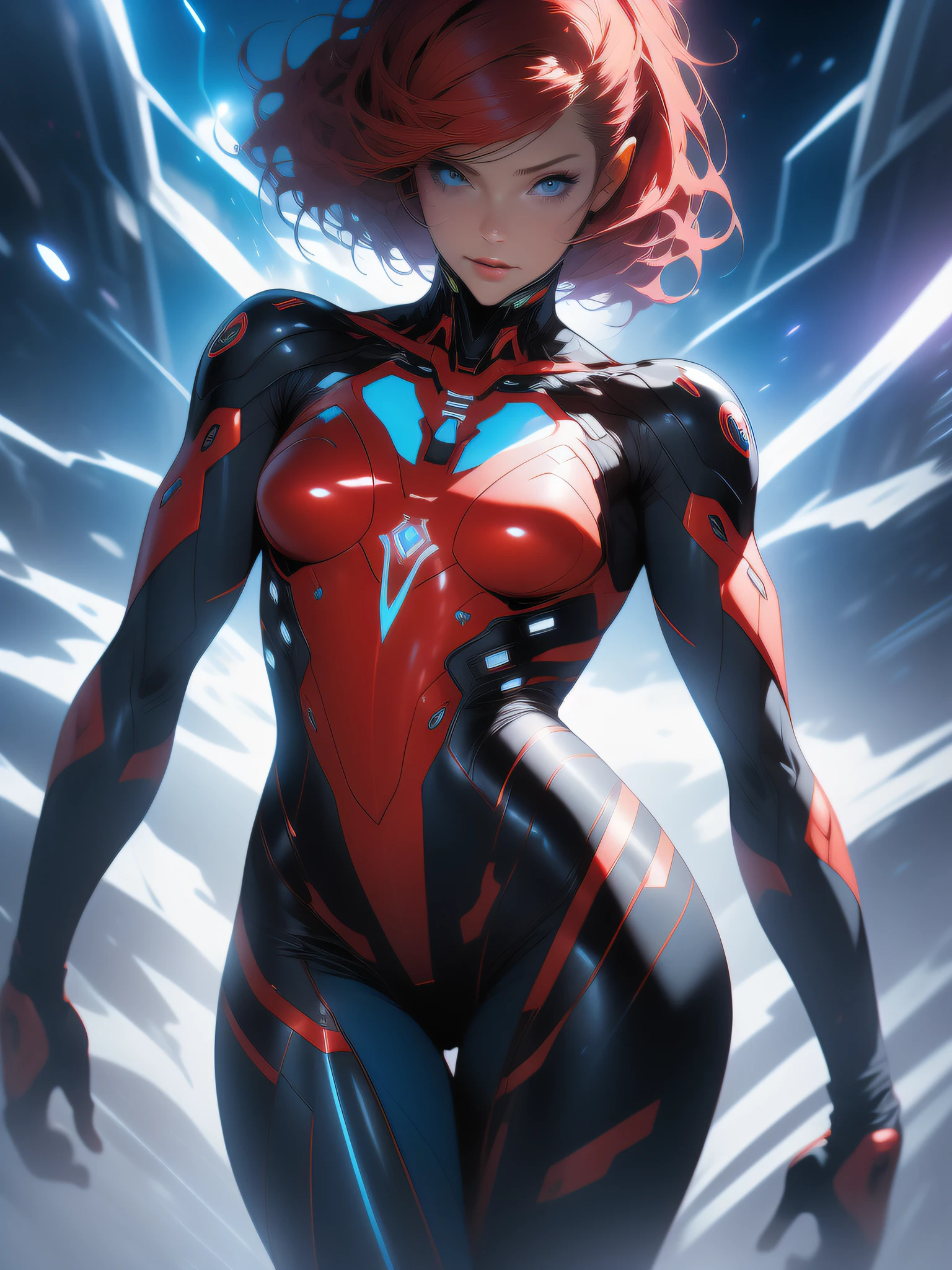 ((Best quality)), ((masterpiece)), (detailed: 1.4), (Absurd), War-ready female fighter pilot, dark skin, flash dc comics, lightning and lightning, muscular sculptural body defined, full body, half-thick naked thighs, closed mouth, muscular body covered in technological clothing, Neon Genesis Evangelion style, cyberpunk, generous neckline, ((perfect medium breasts)), (super light blue eyes without pupils), ((totally dark red clothing)), (((short straight hair)))), long and black eyelashes heavy makeup, garter belt, by mucha, niji --V5, near real, psychopath, crazy face, sexy pose, red and white background, 2 pieces clothing, pastel, centered, scale to fit dimensions, HDR (High Dynamic Range),Ray Tracing,NVIDIA RTX,Super-Resolution,Unreal 5,Subsurface dispersion, PBR texture, Post-processing, Anisotropic filtering, Depth of field, Maximum clarity and sharpness, Multilayer textures, Albedo and specular maps, Surface shading, Accurate simulation of light-material interaction, Perfect proportions, Octane Render, Two-tone lighting, Wide aperture, Low ISO, White balance, Rule of thirds, 8K RAW, crysisnanosuit