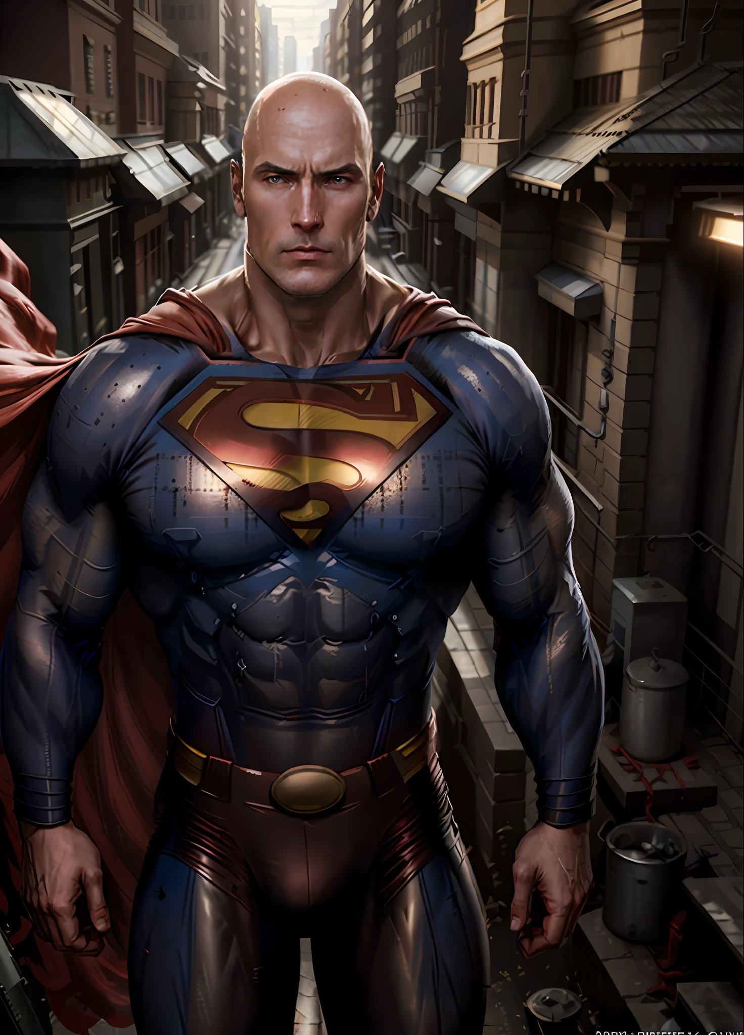 A upper body photo of man (wearing a superman suit), cinematic composition, bald
epic character composition,
by ilya kuvshinov, alessio albi, nina masic,
sharp focus, natural lighting, subsurface scattering, f2, 35mm, film grain