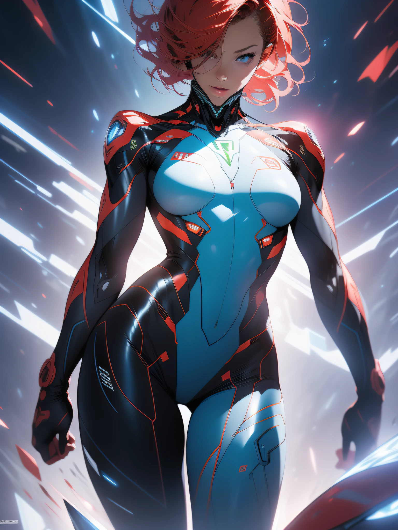 ((Best quality)), ((masterpiece)), (detailed: 1.4), (Absurd), War-ready female fighter pilot, dark skin, flash dc comics, lightning and lightning, muscular sculptural body defined, full body, half-thick naked thighs, closed mouth, muscular body covered in technological clothing, Neon Genesis Evangelion style, cyberpunk, generous neckline, ((perfect medium breasts)), (super light blue eyes without pupils), ((totally dark red clothing)), (((short straight hair)))), long and black eyelashes heavy makeup, garter belt, by mucha, niji --V5, near real, psychopath, crazy face, sexy pose, red and white background, 2 pieces clothing, pastel, centered, scale to fit dimensions, HDR (High Dynamic Range),Ray Tracing,NVIDIA RTX,Super-Resolution,Unreal 5,Subsurface dispersion, PBR texture, Post-processing, Anisotropic filtering, Depth of field, Maximum clarity and sharpness, Multilayer textures, Albedo and specular maps, Surface shading, Accurate simulation of light-material interaction, Perfect proportions, Octane Render, Two-tone lighting, Wide aperture, Low ISO, White balance, Rule of thirds, 8K RAW, crysisnanosuit