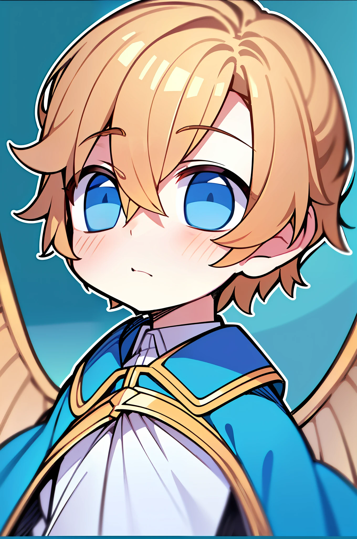 (Masterpiece: 1.2), (Best Quality, Richest Detail) :(Boy, Blonde, Blue Eyes, Wings), (Background, Simple Colors), (Squint: 1.1)