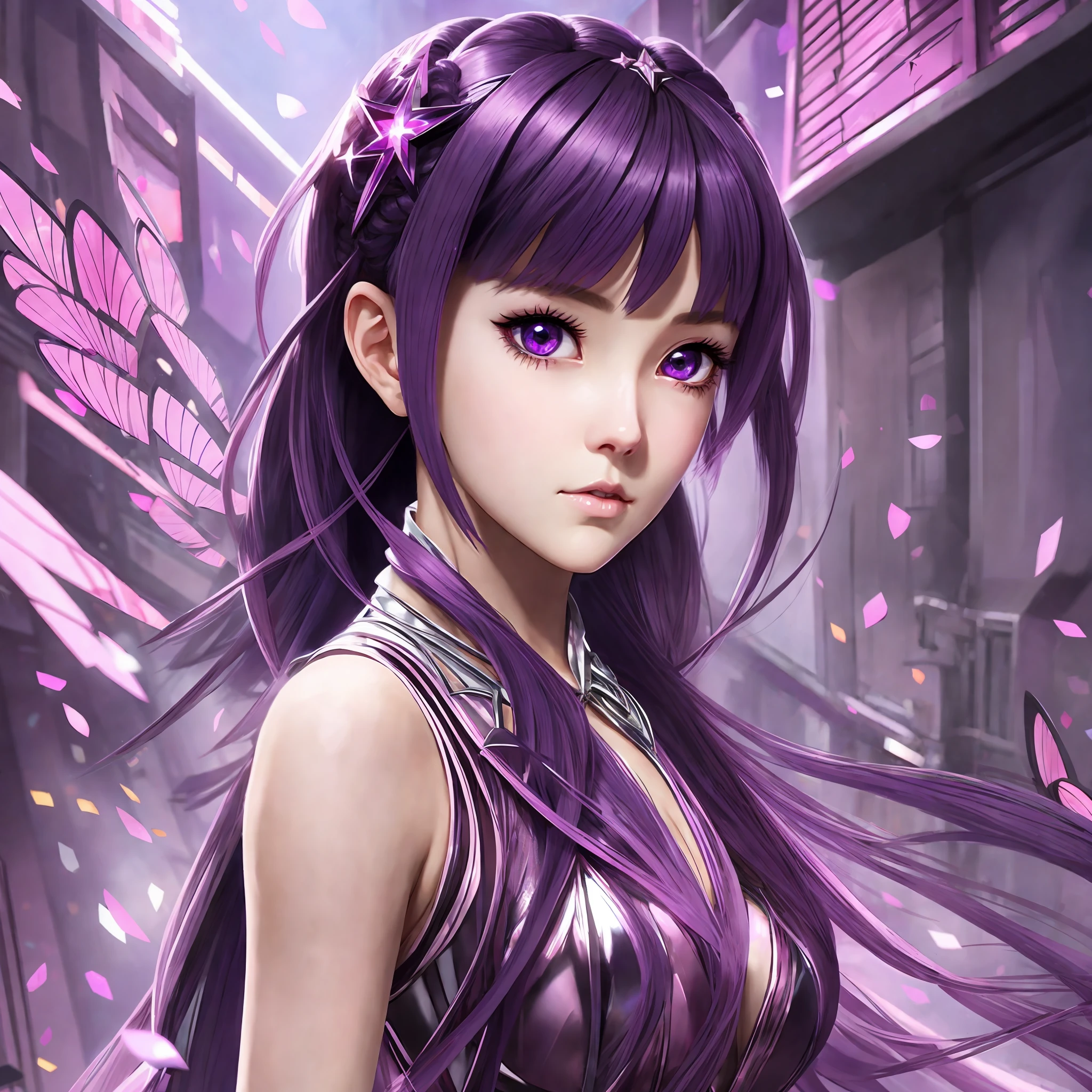 Idol pink dress, dark purple hair, pink highlights, pink gloves, attractive eyes, star in the eyes, big eyes that are about to be sucked in, anime style, Makoto Shinkai style --auto --s2