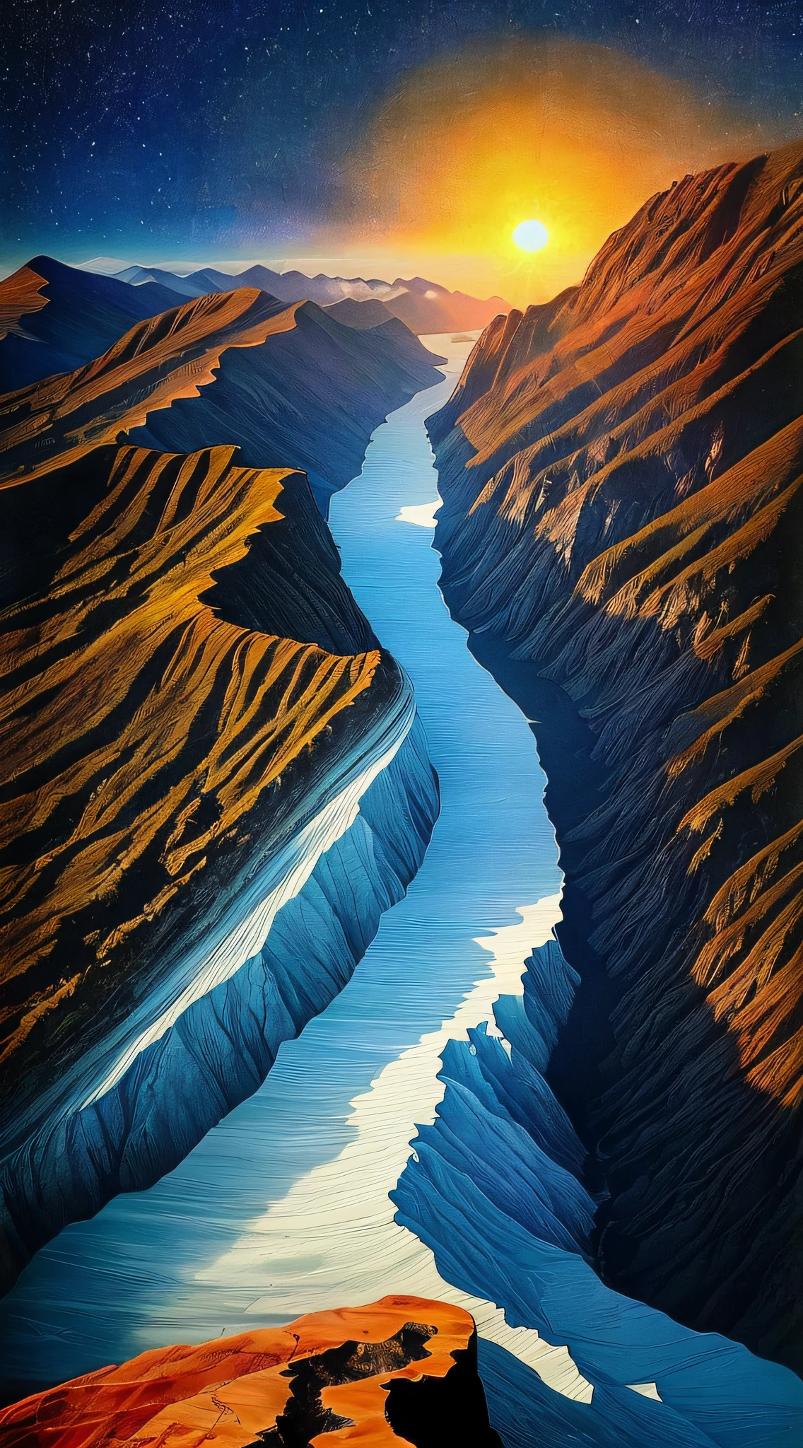 dreamlikeart, [light, paint, jwst, spiral galaxy, incomprehensible cosmic horror: ink, shadow, :0.25], Wang Hedi, double-faced, mountain horizon, sun, [fault | data bend]