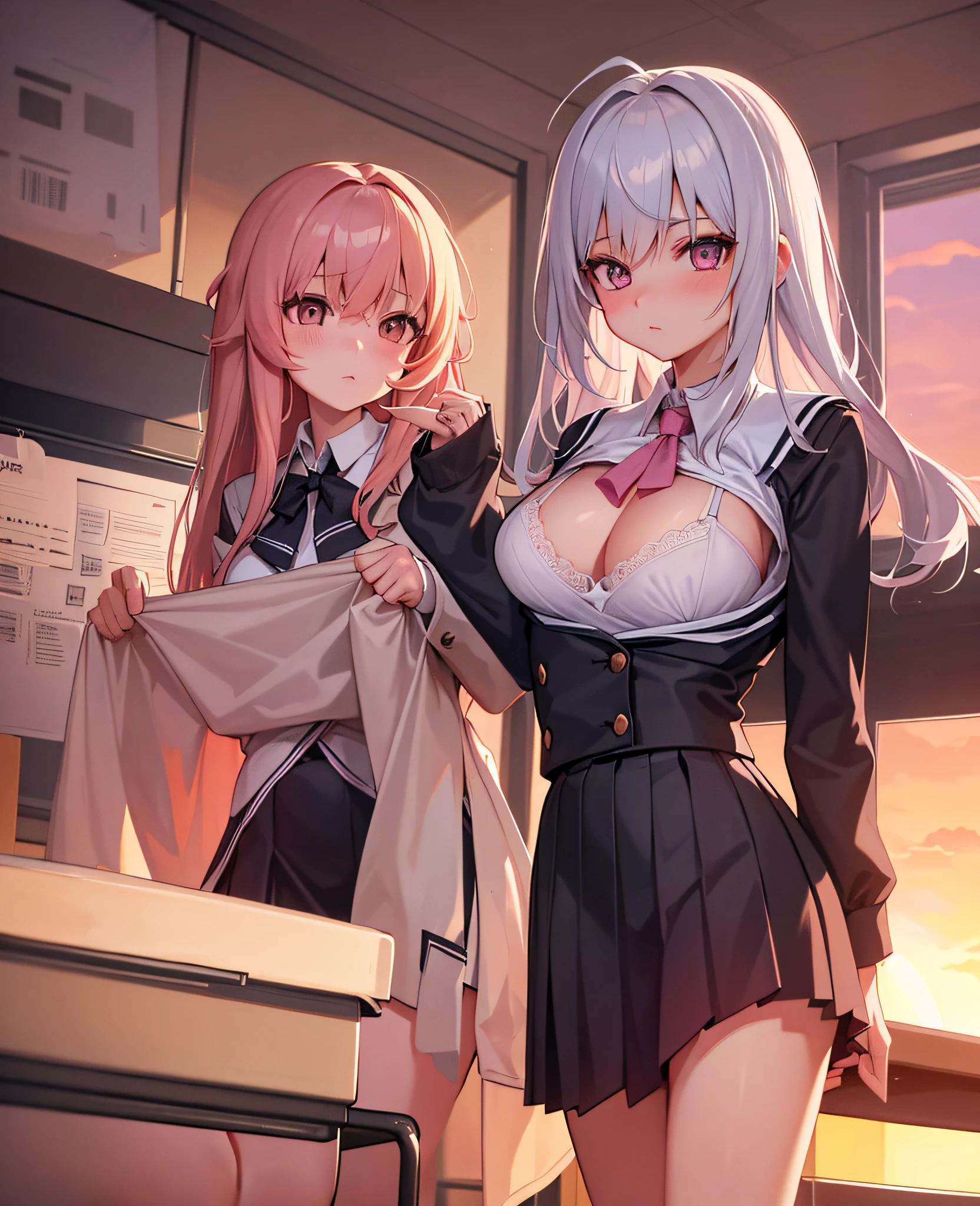 Masterpiece, Excellent, (School Uniform: 1.4), Strip, 1girl, Long White Hair, Pink Eyes, (Classroom: 0.8), (Sunset: 0.7), (Mid-Chest: 0), (Bra: 1), Embarrassment,