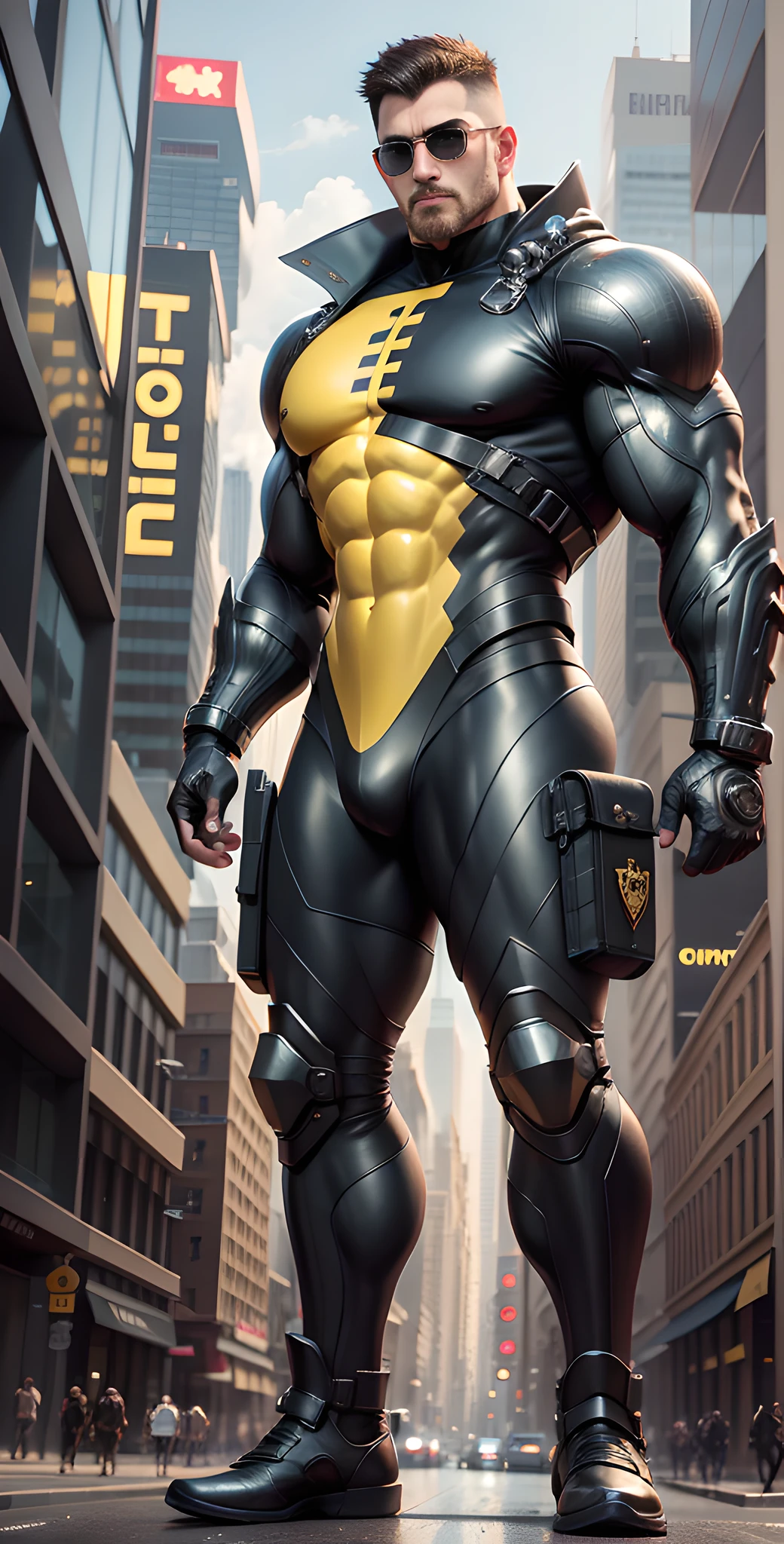Arad man in black and yellow clothes standing on the city street, muscular male hero, conceptual art like Ernest Khalimov, heroic male pose, muscular! Wearing black sunglasses, round head Buzz Cut, cyberpunk, stealth suit, super buff and cool, high resolution committee, Chris Redfield, Jigachard muscle, Ernest Khalimov body, character design police, black military boots, charismatic strong male with armor
