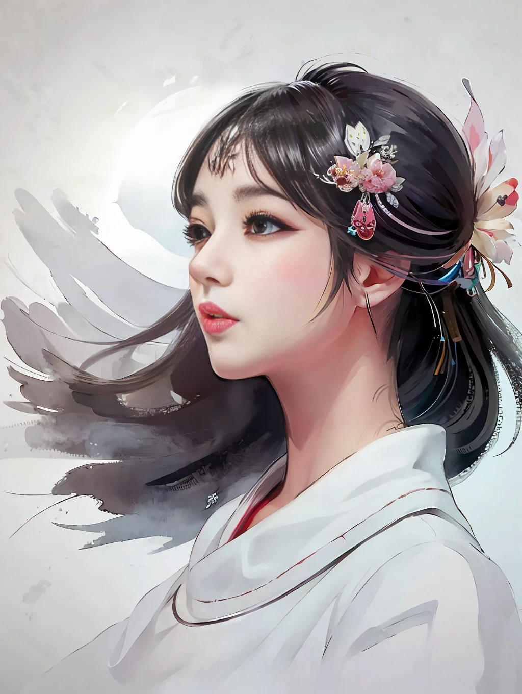 stechu,(white background:1.4), ((tachi-e)), original,(illustration:1.1),(best quality),(masterpiece:1.1),(extremely detailed CG unity 8k wallpaper:1.1), (colorful:0.9),(panorama shot:1.4),(solo:1.2), (ink splashing),(color splashing),((watercolor)), clear sharp focus,{ 1girl standing },((korean style )),flower background,outdoors,rocks, looking at viewer, make happy expressions,soft smile,pure,beautyfull detailed face and eyes,beautyfull intricacy clothing decorative pattern details, black hair,black eyes,colorwater