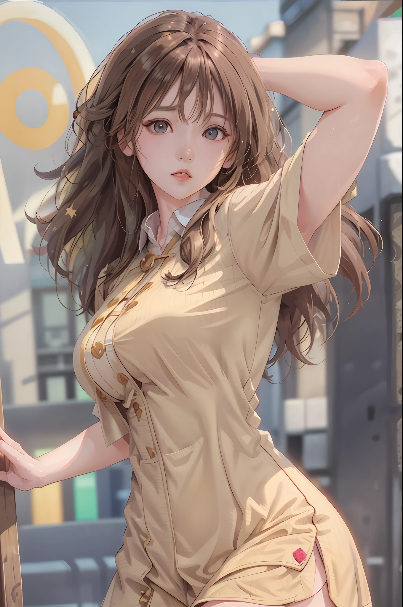 Masterpiece, Excellent, 1 Female, Upper Body, Light Brown Hair, Bright Eyes, Shirt, (Rock Star), Big Breasts, Wet Hair