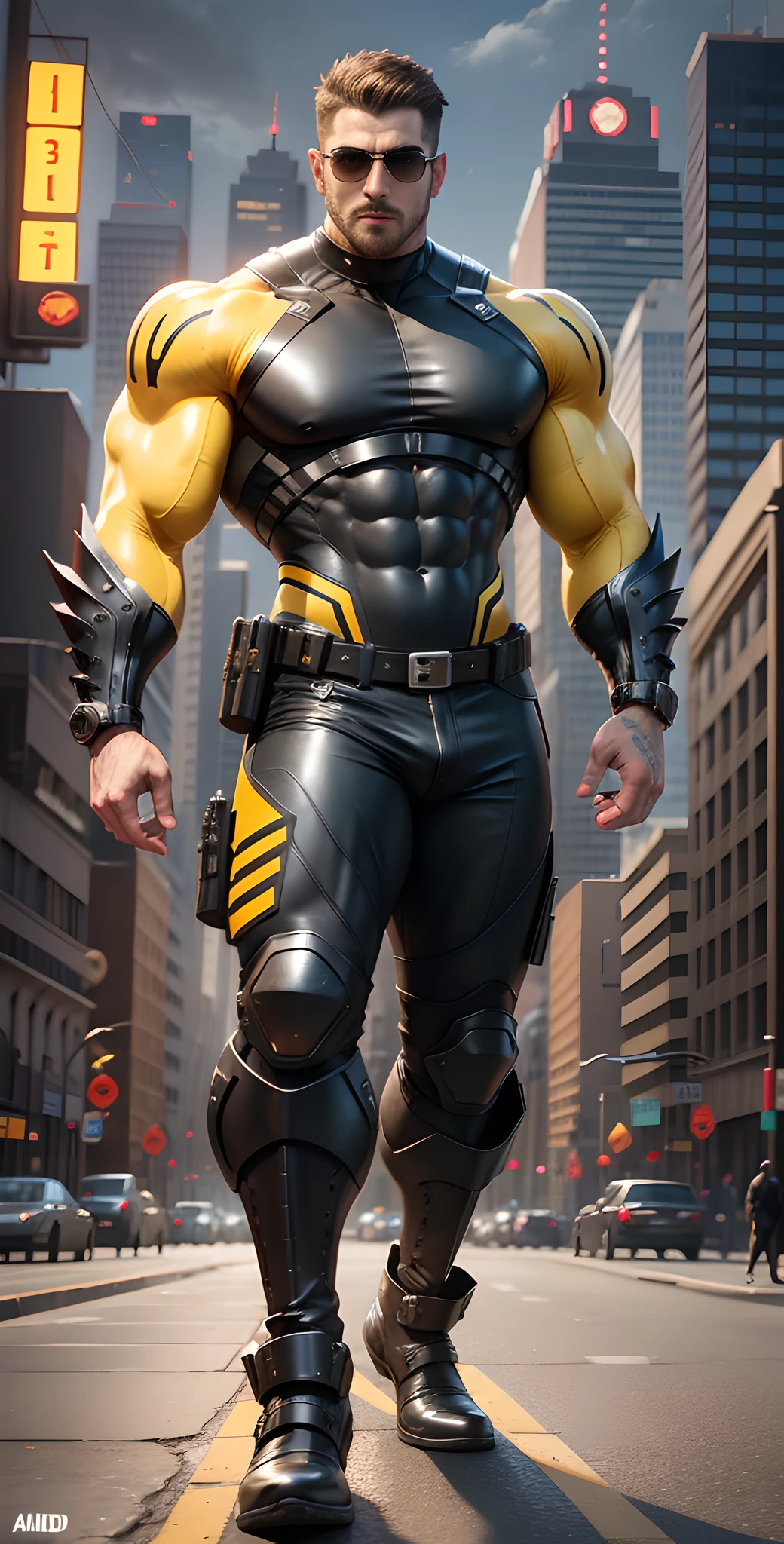 Arad man in black and yellow clothes standing on the city street, muscular male hero, conceptual art like Ernest Khalimov, heroic male pose, muscular! Wearing black sunglasses, round head Buzz Cut, cyberpunk, stealth suit, super buff and cool, high resolution committee, Chris Redfield, Jigachard muscle, Ernest Khalimov body, character design police, black military boots, charismatic strong male with armor