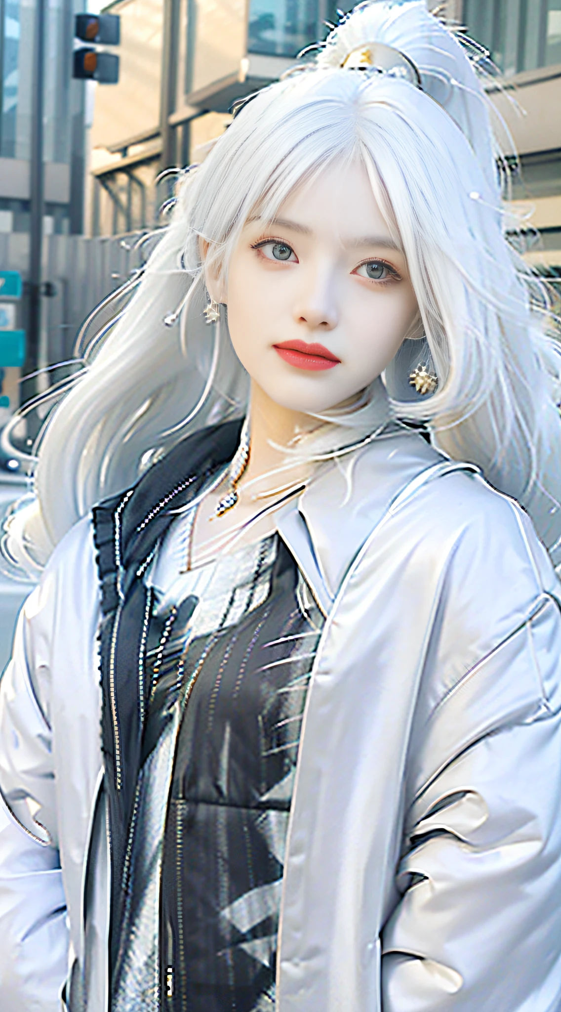 Highest quality, outstanding detail, super high resolution, 1.4 times real, best illustration, attention to detail, close-up, beautiful face, woman with white hair and gold jacket, from the girl front, silver hair (ponytail), fine details. girl front, girl front style, white hair, white hair, girl silver hair, girl front CG, silver hair girl, perfect white hair girl, girl with white hair, white hair pretty face, white hair god