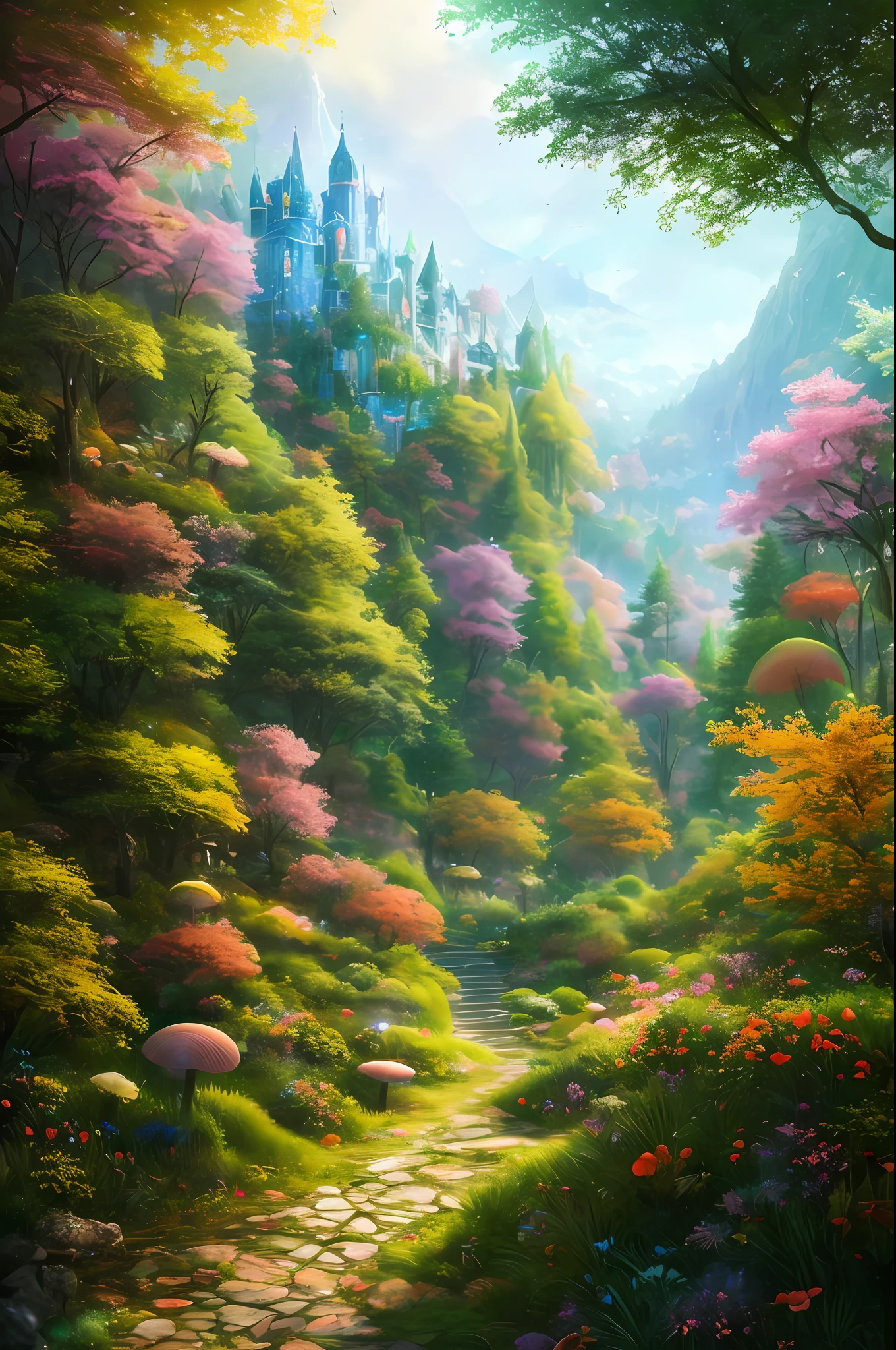 masterpiece, best quality, high quality,extremely detailed CG unity 8k wallpaper, An enchanting and dreamy scene of a fantasy forest, with towering trees, glowing mushrooms, and hidden fairy glens, creating a sense of mystique and enchantment, artstation, digital illustration, intricate, trending, pastel colors, oil paiting, award winning photography, Bokeh, Depth of Field, HDR, bloom, Chromatic Aberration ,Photorealistic,extremely detailed, trending on artstation, trending on CGsociety, Intricate, High Detail, dramatic, art by midjourney
