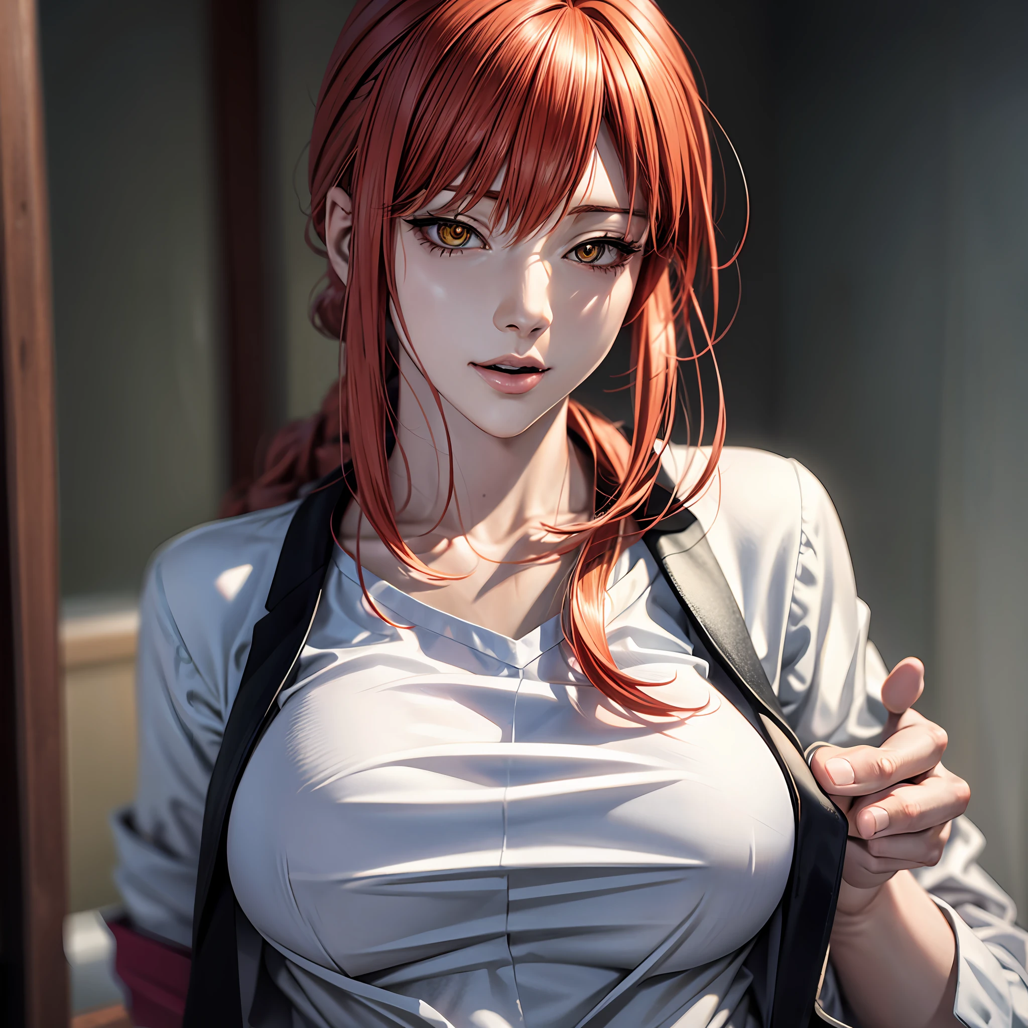 anime girl with big breast posing in a white shirt , photorealistic anime girl render, 3 d anime realistic, hyper realistic anime, photorealistic anime, realistic anime 3 d style, hyperrealistic schoolgirl, seductive anime girl, smooth anime cg art, a hyperrealistic schoolgirl, realistic anime artstyle, realistic anime, detailed digital anime art,makima,red orange hair, blonde , white shirt,sexy,makima(chainsaw man)
