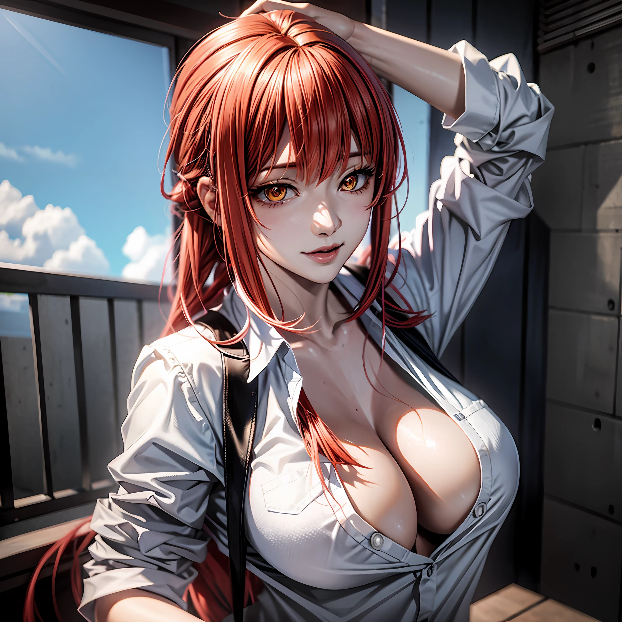 anime girl with big breast posing in a white shirt , photorealistic anime girl render, 3 d anime realistic, hyper realistic anime, photorealistic anime, realistic anime 3 d style, hyperrealistic schoolgirl, seductive anime girl, smooth anime cg art, a hyperrealistic schoolgirl, realistic anime artstyle, realistic anime, detailed digital anime art,makima,red orange hair, blonde , white shirt,sexy,makima(chainsaw man)