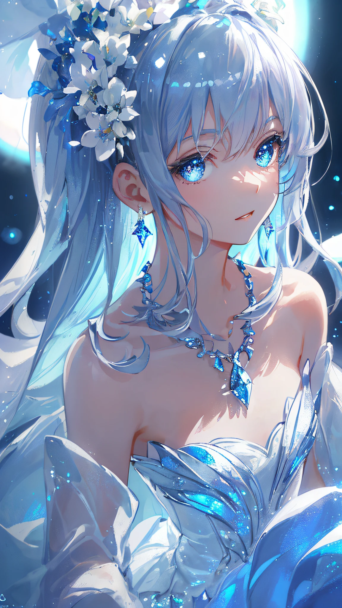 masterpiece, best quality, illustration, sax blue, platinum earrings, platinum necklace, white dress, 1girl, cute, (dynamic lighting:1.2), cinematic lighting, delicate facial features, detailed eyes, sharp pupils, realistic pupils, depth of field, bokeh, sharp focus, (hyper-detailed, bloom, glow:1.4), many small gems
