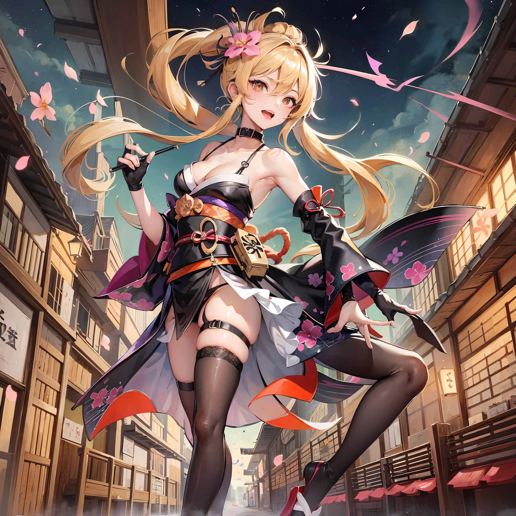 Masterpiece, extreme, high resolution, 1girl, blonde, medium hair, asymmetric hair, floating hair, hair between eyes, high ponytail, side hair, hair accessories, fish hair accessories, tassels, kanzashi, bangs, orange eyes, open mouth, smile, teeth, upper teeth only, collar, collar, collarbone, tattoo on chest, flower tattoo, cleavage, medium breasts, thighs, bandages, leg bandages, sarashi budget sarashi, boob sarashi, boob sarashi, hadanugi dousa, houkisei, japanese clothing, kimono, kinchaku, obijime, orange kimono, pouch, printed kimono, rope, belt, shimenawa, cropped kimono, single bare shoulder, genshin impact, East Asian architecture, cherry blossoms, full body, squat, whistle, fireworks, fireworks, night, fireworks, handheld fireworks, legs open, feet, Single gloves, single show gloves, wristbands, black socks, --auto --s2