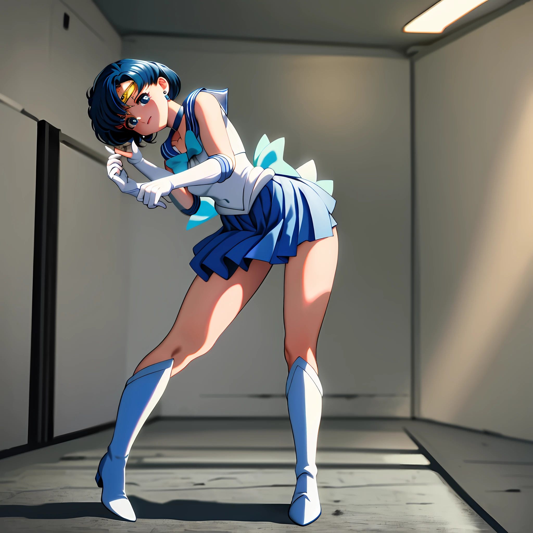 masterpiece,underground dungeon, jail, best quality, highres, mer1, tiara, sailor senshi uniform, blue sailor collar, bow, knee boots, choker, white gloves, blue choker, elbow gloves, jewelry, earrings, blue skirt,full body, crying, , 1990s \(style\),