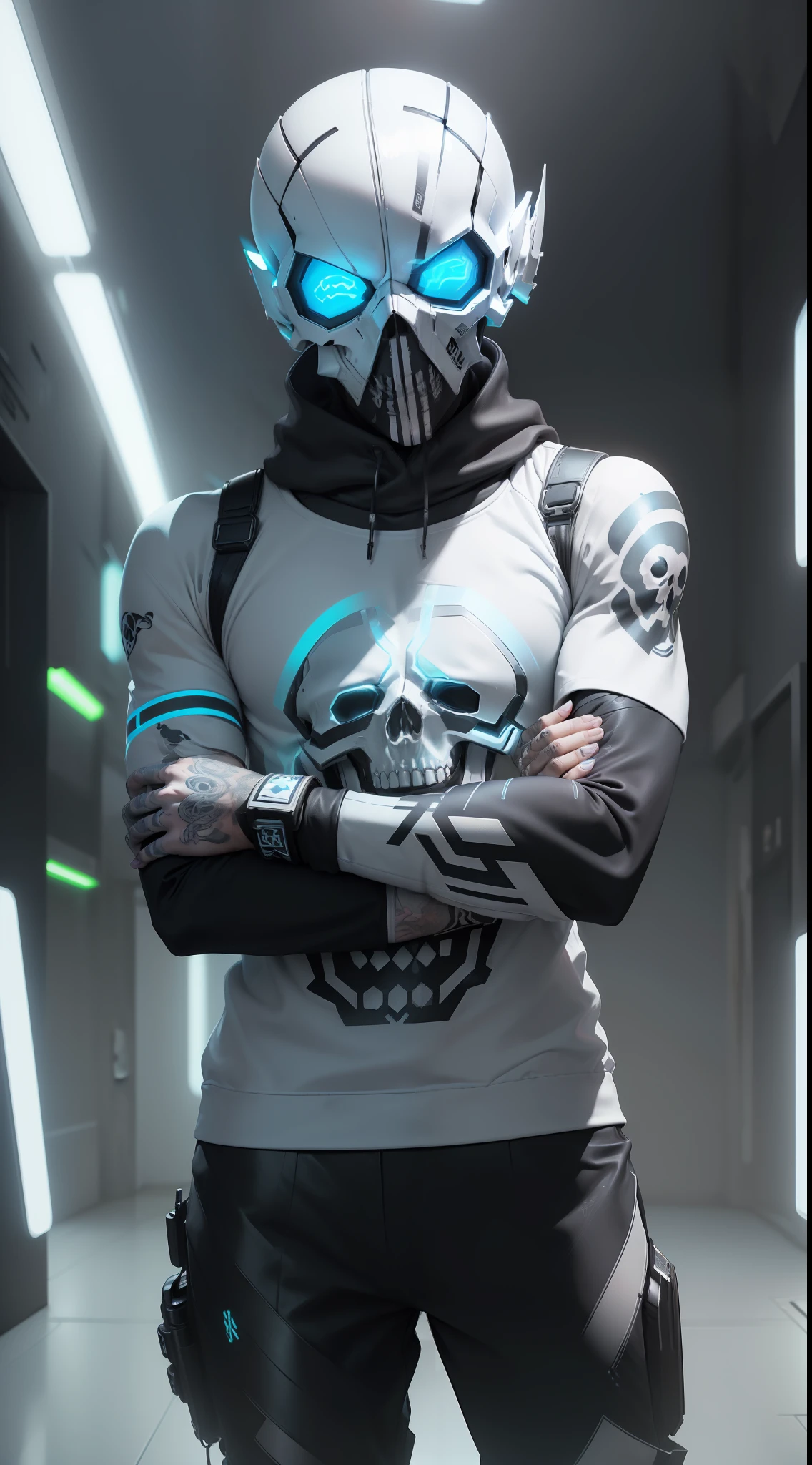 solo 1 man best quality :: masterpiece " ((White sweatshirts with black tattoos on clothing)) ((a fruity white cover)) ((ultra realistic masterpiece)) (( HyperForce Exoskeleton Suit )) (((full body)) ((::: light blue neon :::)) (( skull face mask)) (( :: natural lighting :: )) :: 8k :: best quality :: masterpiece " ((mask on the face of a white skull with neon lighting in the eyes)) scenery a cybe punk city futuristic advanced ivilization ((tattoo on shirt)) (( All metallic arms)) ((side pose looking at the viewer))