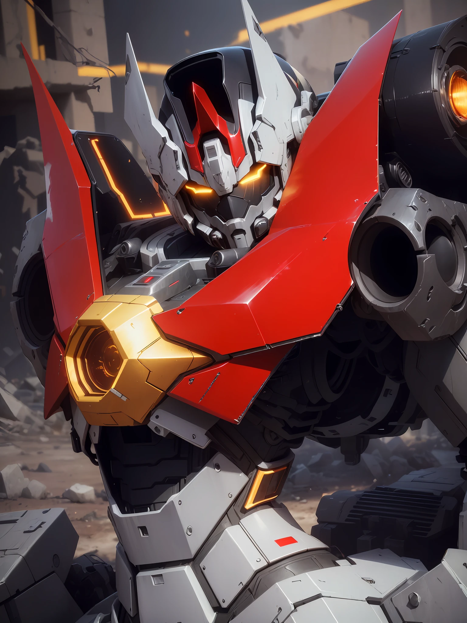 ((Best Quality)), ((Masterpiece), (Very Detailed:1.3), 3D, Shitu-mecha, Strong cyberpunk mech in the ruins of a city of forgotten wars, huge red decoration on chest and horns on the head, ancient technology, HDR (High Dynamic Range), ray tracing, NVIDIA RTX, super resolution, unreal 5, subsurface scattering, PBR texture, post-processing, anisotropic filtering, depth of field, maximum sharpness and sharpness, multi-layered texture, Albedo and specular mapping, surface shading, accurate simulation of light-material interactions, perfect ratios, octane rendering, duotone lighting, low ISO, white balance, rule of thirds, wide aperture, 8K RAW, high efficiency sub-pixels, subpixel convolution, luminous particles, light scattering, Tyndall effect