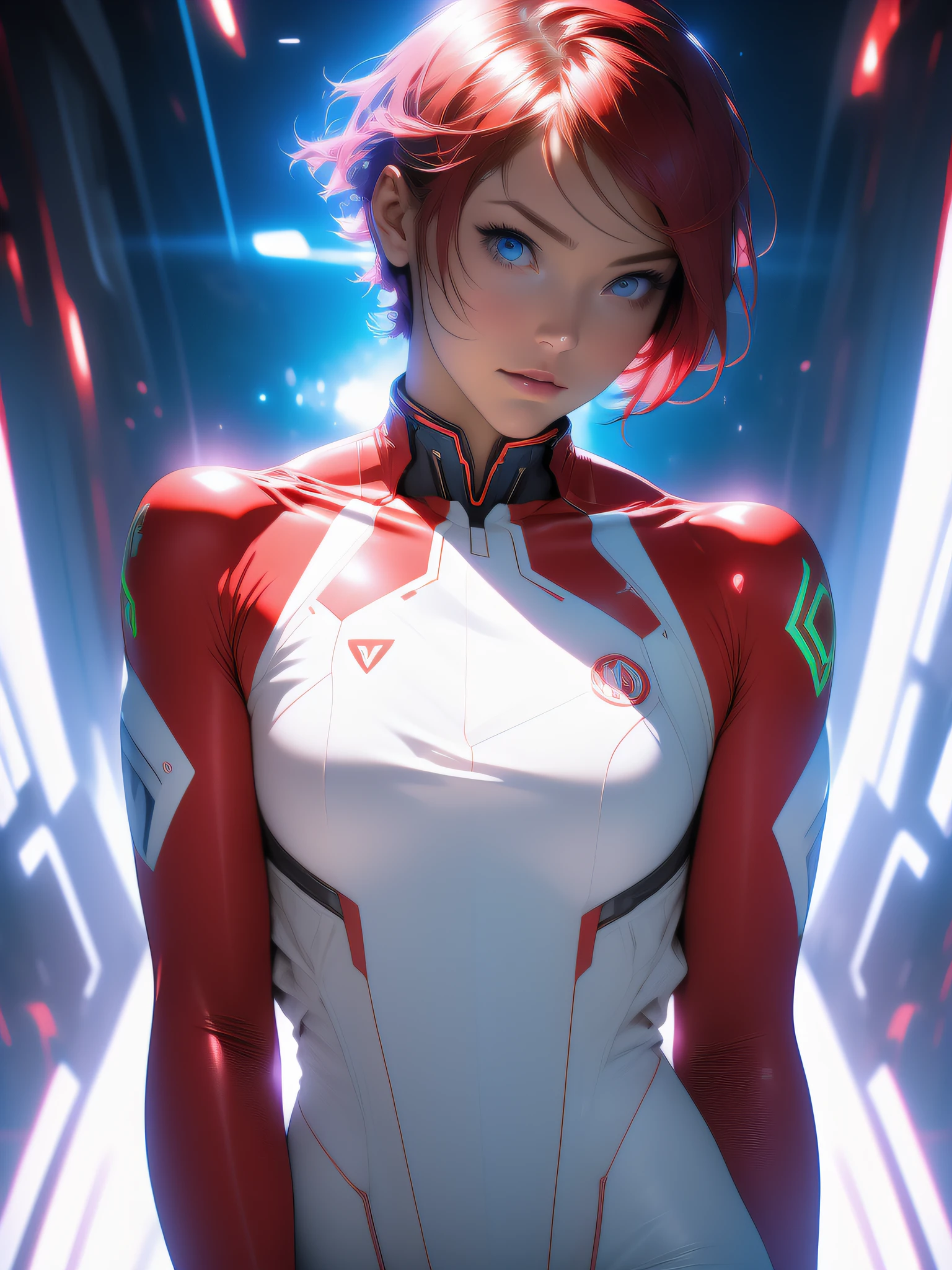 ((Best quality)), ((masterpiece)), (detailed: 1.4), (Absurd), War-ready female fighter pilot, dark skin, flash dc comics, lightning and lightning, muscular sculptural body defined, full body, half-thick naked thighs, closed mouth, muscular body covered in technological clothing, Neon Genesis Evangelion style, cyberpunk, generous neckline, ((perfect medium breasts)), (super light blue eyes without pupils), ((totally red clothes white rays)), (((short straight hair)))), long and black eyelashes heavy makeup, garter belt, by mucha, niji --V5, near real, psychopath, crazy face, sexy pose, red and white background, 2 pieces clothing, pastel, centered, scale to fit dimensions, HDR (High Dynamic Range),Ray Tracing,NVIDIA RTX,Super-Resolution,Unreal 5,Subsurface dispersion, PBR Texture, Post-processing, Anisotropic filtering, Depth of field, Maximum clarity and sharpness, Multilayer textures, Albedo and specular maps, Surface shading, Accurate simulation of light-material interaction, Perfect proportions, Octane Render, Two-tone lighting, Wide aperture, Low ISO, White balance, Rule of thirds, 8K RAW, crysisnanosuit