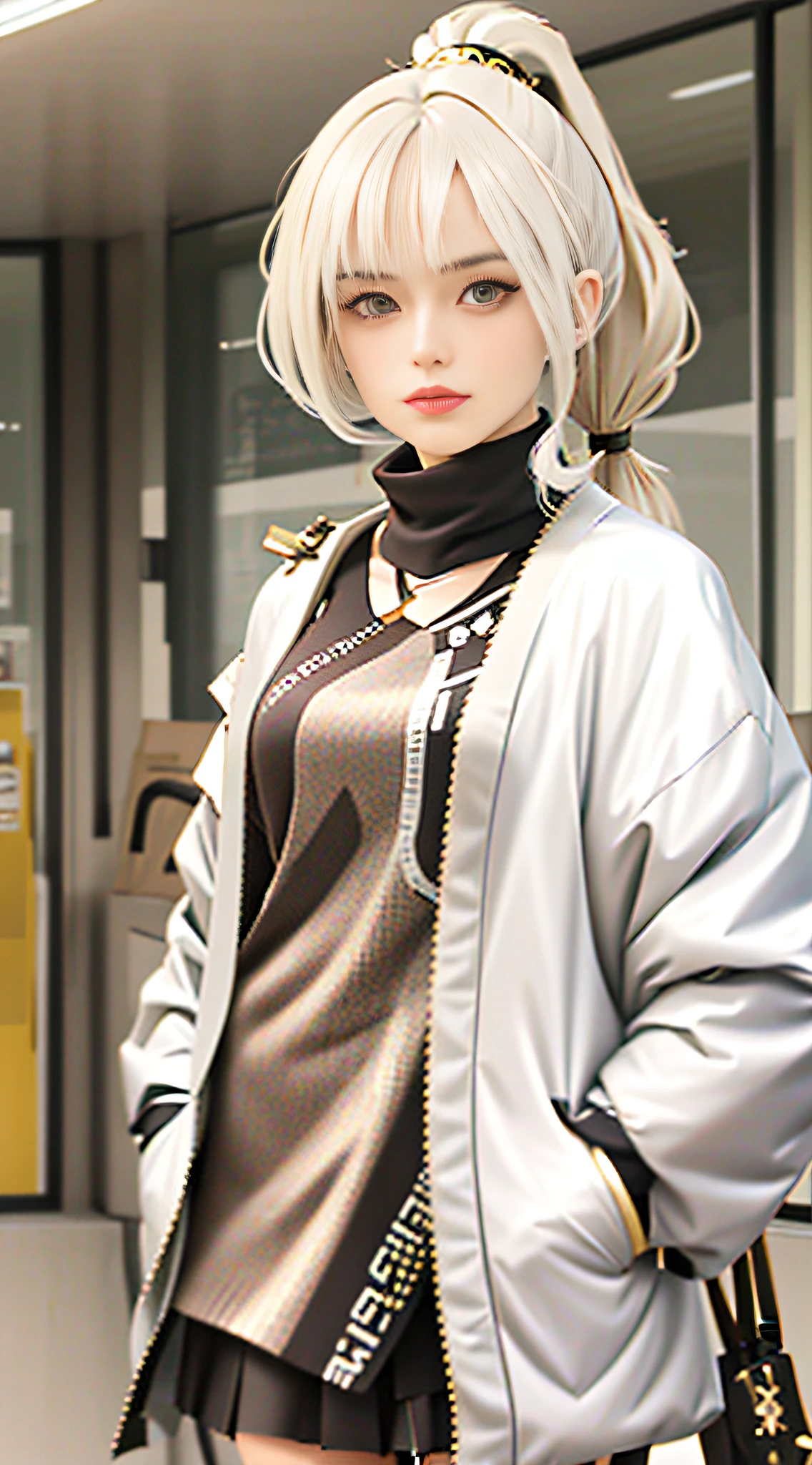 Highest quality, outstanding detail, super high resolution, 1.4 times real, best illustration, attention to detail, close-up, beautiful face, woman with white hair and gold jacket, from the girl front, silver hair (ponytail), fine details. girl frontline, girl front style, brunette hair, brunette hair, girl brunetize, girl front CG, brunette girl, perfect brunette girl, girl with brunette hair, brunette pretty face, brunette god
