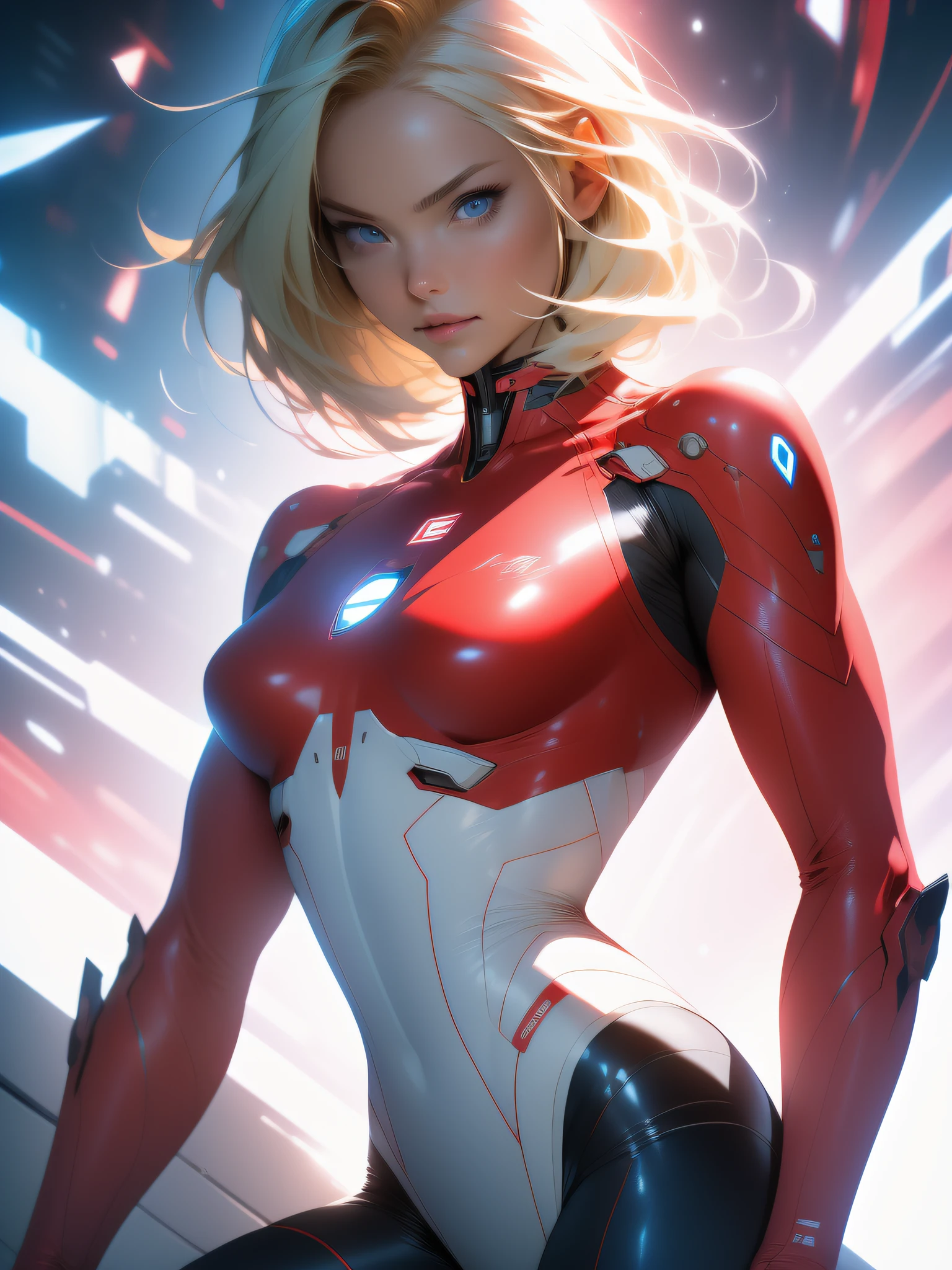 ((Best quality)), ((masterpiece)), (detailed: 1.4), (Absurd), War-ready female fighter pilot, dark skin, flash dc comics, lightning and lightning, muscular sculptural body defined, full body, half-thick naked thighs, closed mouth, muscular body covered in technological clothing, Neon Genesis Evangelion style, cyberpunk, generous neckline, ((perfect medium breasts)), (super light blue eyes without pupils), ((totally red clothes white rays)), (((short blonde straight hair)))), long eyelashes and black heavy makeup, garter belt, by mucha, niji --V5, close to real, psychopath, crazy face, sexy pose, red and white background, 2 pieces clothing, pastel, centered, scale to fit dimensions, HDR (High Dynamic Range),Ray Tracing,NVIDIA RTX,Super-Resolution,Unreal 5,Subsurface dispersion, PBR Texture, Post-processing, Anisotropic filtering, Depth of field, Maximum clarity and sharpness, Multilayer textures, Albedo and specular maps, Surface shading, Accurate simulation of light-material interaction, Perfect proportions, Octane Render, Two-tone lighting, Wide aperture, Low ISO, White balance, Rule of thirds, 8K RAW, crysisnanosuit