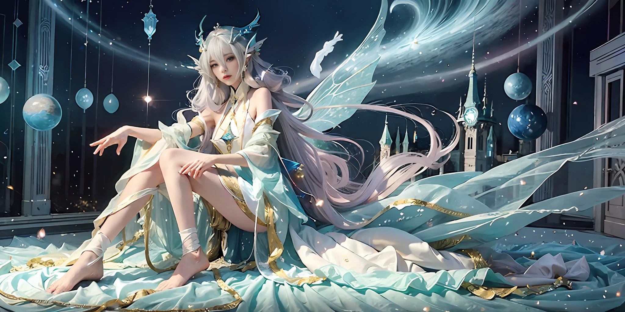 Close-up of a woman in costume, full body fairy, beautiful celestial mage, stunning young ethereal character, beautiful fantasy queen, astral witch costume, Shaxi, flowing magic robe, white Hanfu, fairy fantasy, beauty Delfin, ethereal fantasy, elegant and charming cosplay, Hirase Jinyao, half lying on the ground, charming and colorful, very tumultuous, a sports car behind, night punk style metropolis! Lots of neon