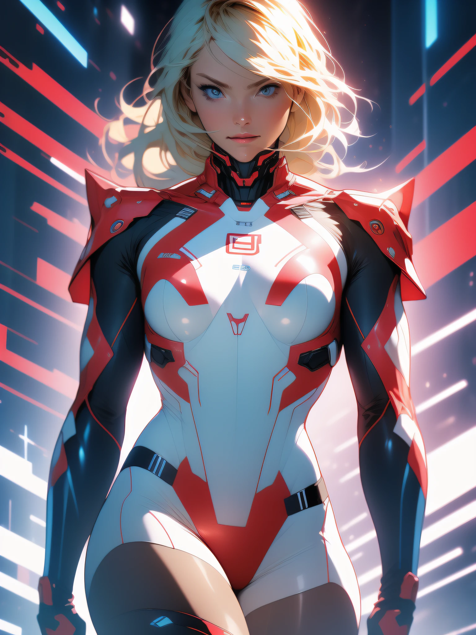 ((Best quality)), ((masterpiece)), (detailed: 1.4), (Absurd), War-ready female fighter pilot, dark skin, flash dc comics, lightning and lightning, muscular sculptural body defined, full body, half-thick naked thighs, closed mouth, muscular body covered in technological clothing, Neon Genesis Evangelion style, cyberpunk, generous neckline, ((perfect medium breasts)), (super light blue eyes without pupils), ((totally red clothes white rays)), (((short blonde straight hair)))), long eyelashes and black heavy makeup, garter belt, by mucha, niji --V5, close to real, psychopath, crazy face, sexy pose, red and white background, 2 pieces clothing, pastel, centered, scale to fit dimensions, HDR (High Dynamic Range),Ray Tracing,NVIDIA RTX,Super-Resolution,Unreal 5,Subsurface dispersion, PBR Texture, Post-processing, Anisotropic filtering, Depth of field, Maximum clarity and sharpness, Multilayer textures, Albedo and specular maps, Surface shading, Accurate simulation of light-material interaction, Perfect proportions, Octane Render, Two-tone lighting, Wide aperture, Low ISO, White balance, Rule of thirds, 8K RAW, crysisnanosuit