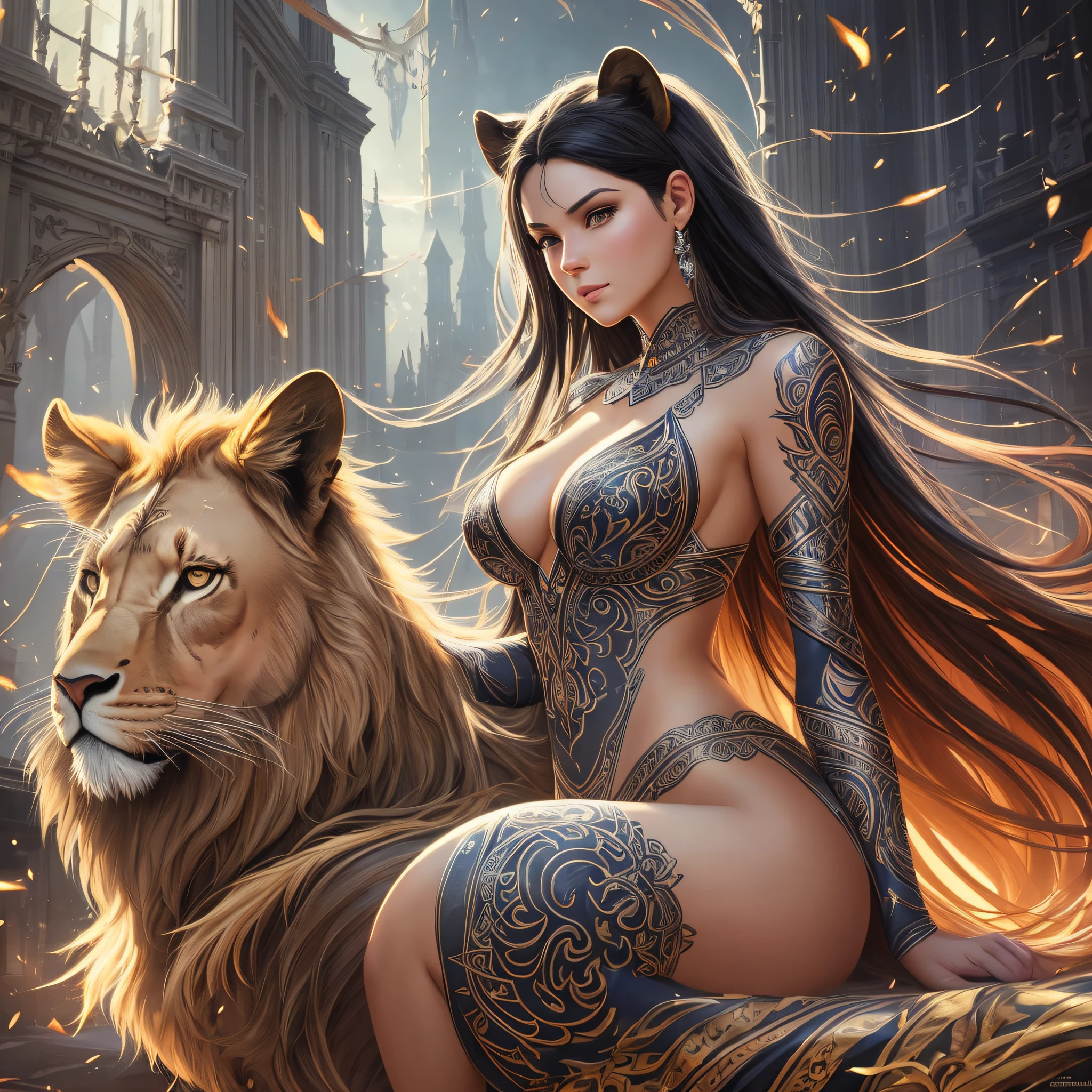 ultra 16k,(((masterpiece))), (((best quality))), ((ultra-detailed)), (highly detailed CG illustration), ((an extremely delicate and beautiful)),(from the side), cinematic light,solo, full body,(sitting), expressionless,character focus),fantasy, extremely detailed, colorful, highest create In the style of Boris Vallejo and Julia Bell. a beautiful woman riding a majestic lion. She wears a nothing and has long, black hair. (She holds a flag displaying The Shock Coat of Arms in one hand.) Behind them, a grand castle rises, adorned with towering turrets. The scene is illuminated by a soft, ethereal light, creating a captivating and mythical ambiance., Digital Painting, Yanjun Cheng, Anna Dittmann, Beautiful, Vibrant, Digital Painting, Digital Illustration, Extreme Detail, Digital Art, 4k, Ultra Hd .nude --auto --s2