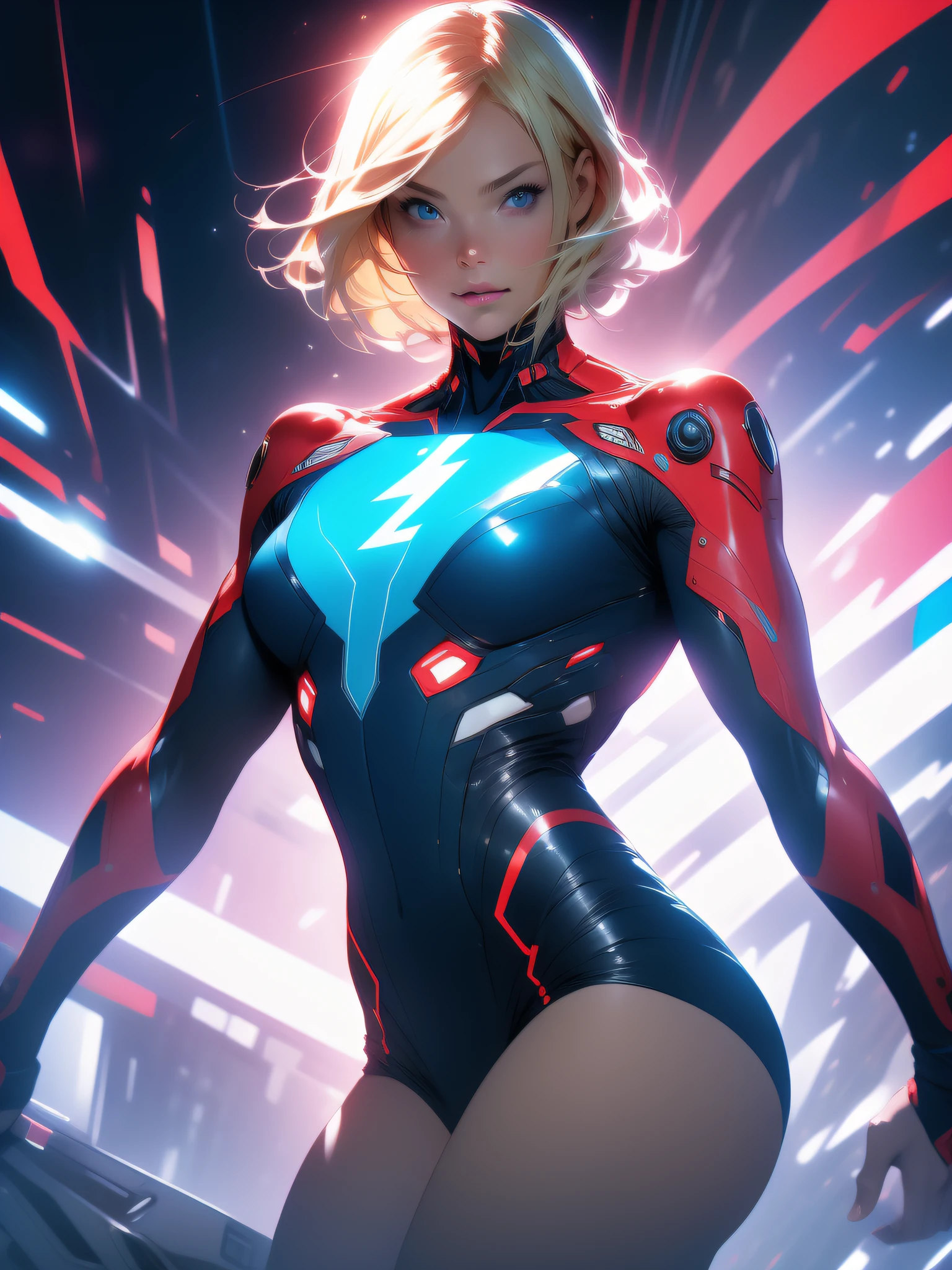 ((Best quality)), ((masterpiece)), (detailed: 1.4), (Absurd), War-ready female fighter pilot, dark skin, flash dc comics, lightning and lightning, muscular sculptural body defined, full body, half-thick naked thighs, closed mouth, muscular body covered in technological clothing, Neon Genesis Evangelion style, cyberpunk, generous neckline, ((perfect medium breasts)), (super light blue eyes without pupils),  ((totally red clothes white rays)), (((short blonde straight hair)))), long eyelashes and black heavy makeup, garter belt, by mucha, niji --V5, close to real, psychopath, crazy face, sexy pose, red and white background, 2 pieces clothing, pastel, centered, scale to fit dimensions, HDR (High Dynamic Range),Ray Tracing,NVIDIA RTX,Super-Resolution,Unreal 5,Subsurface dispersion,  PBR Texture, Post-processing, Anisotropic filtering, Depth of field, Maximum clarity and sharpness, Multilayer textures, Albedo and specular maps, Surface shading, Accurate simulation of light-material interaction, Perfect proportions, Octane Render, Two-tone lighting, Wide aperture, Low ISO, White balance, Rule of thirds, 8K RAW, crysisnanosuit