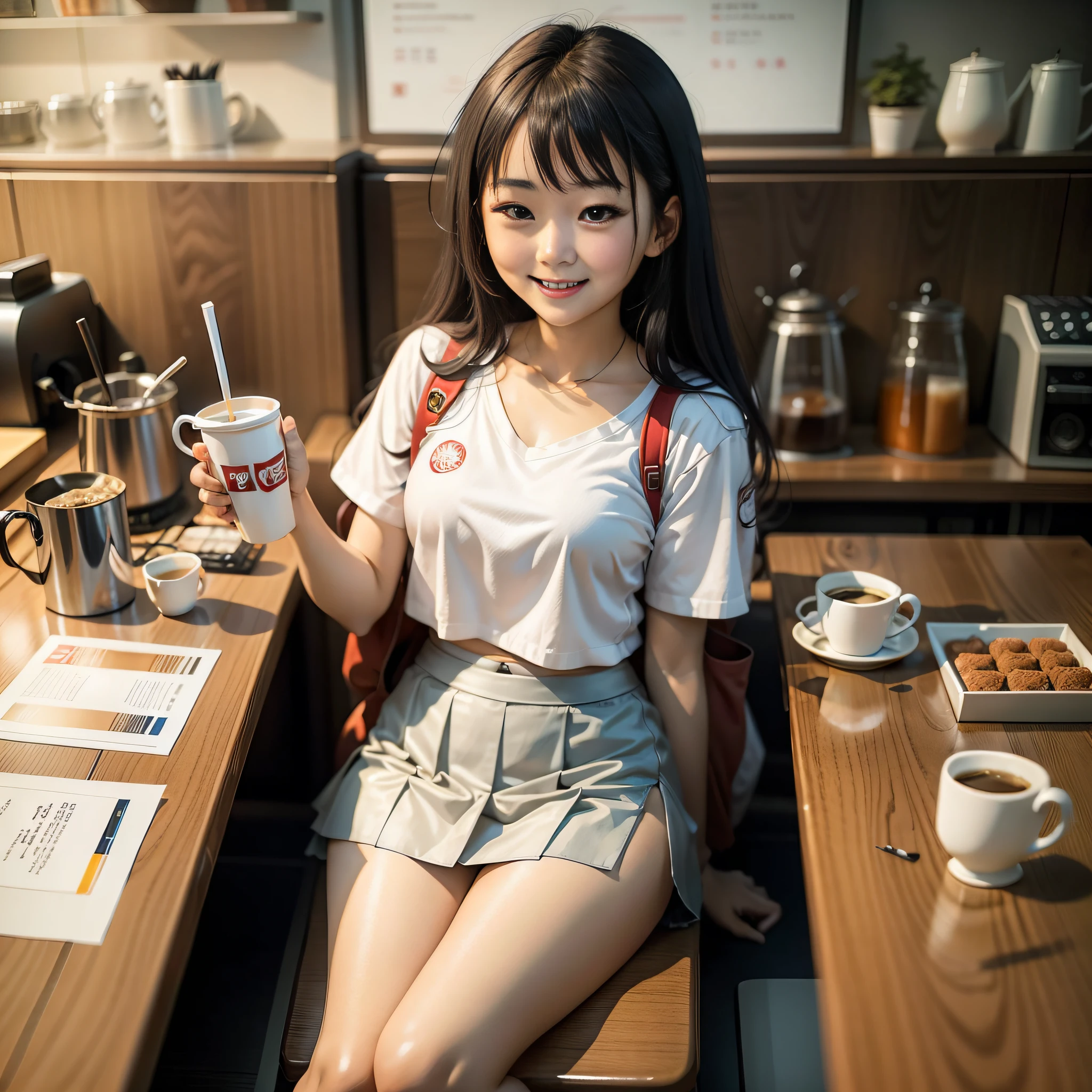 Shiori Tejoki, age portrait of Japan, Harumi, Kimi Takemura, slim body, white mini skirt, drinking coffee, coffee shop, smiling