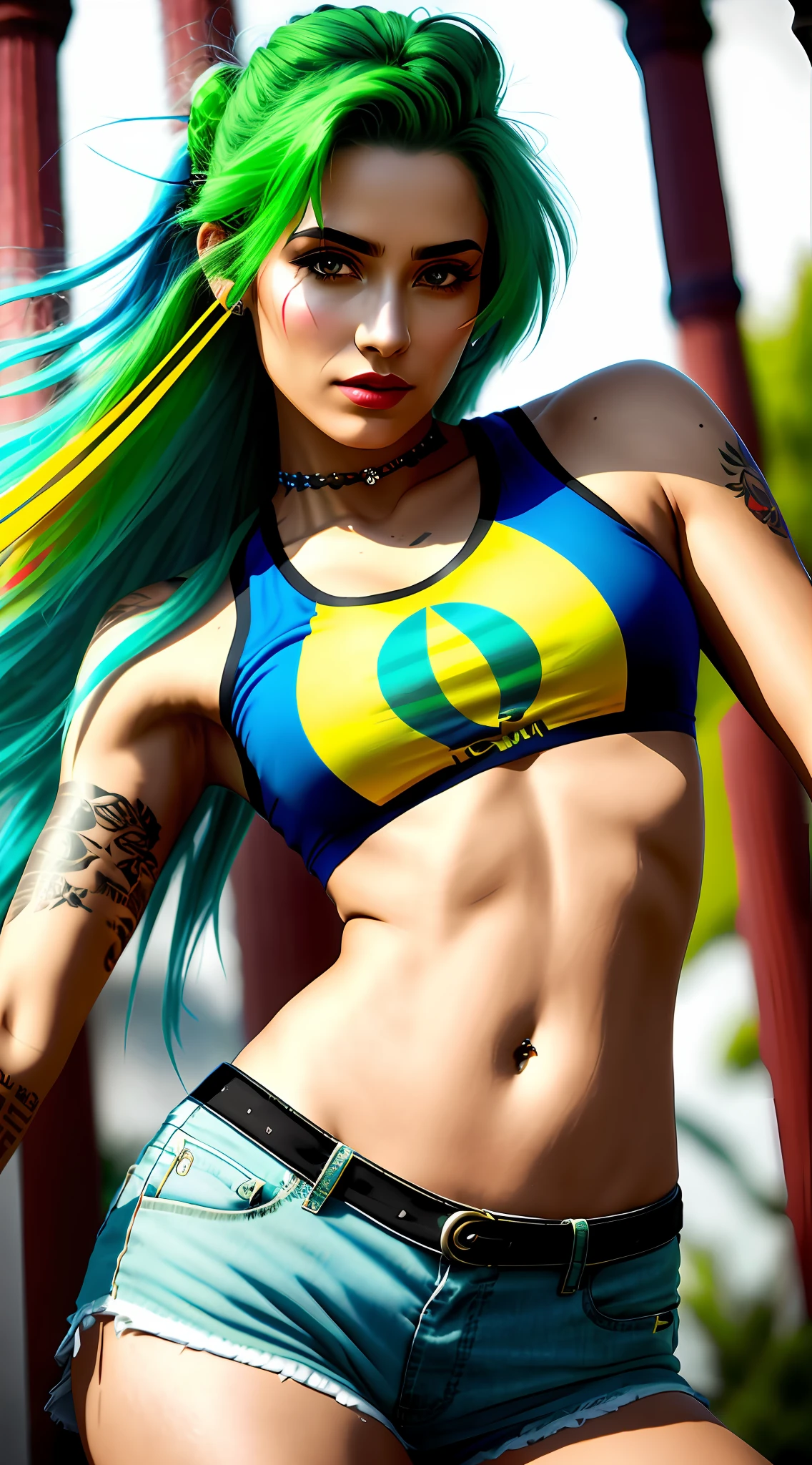 Photograph of a beautiful young woman with twigs and flowers in her hair. (from above:1.2) . Deep neckline, wearing a crop top, yellow-red-blue color, punk woman with runic tattoos. in a fantasy temple. slim, (small breasts), (t-shirt, open vest, midriff). Green hair. Photorealistic. 8k HD. SUPER SHARPNESS ON THE FACE. Rough and pored skin. Morning. At home