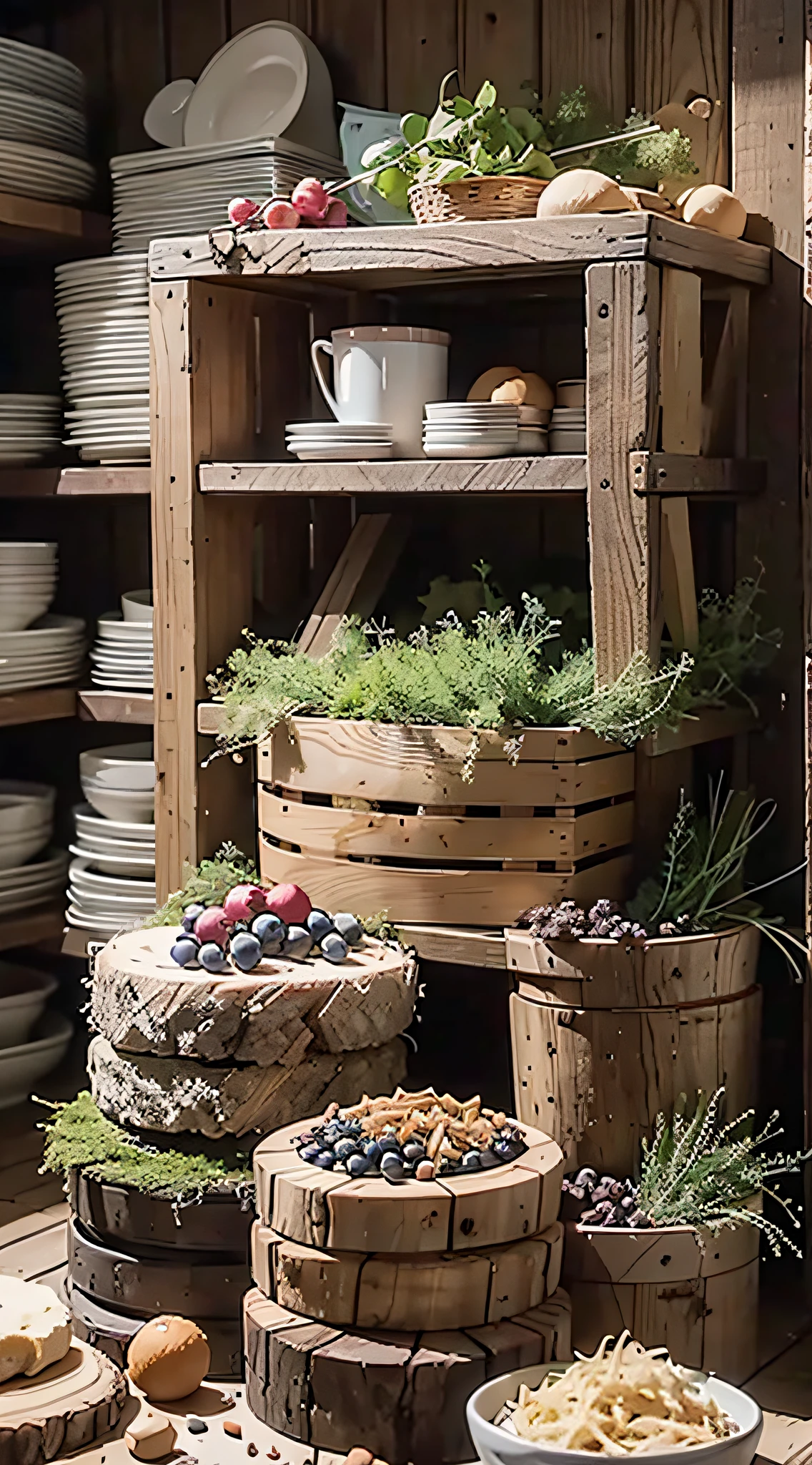 A pile of food supplies was neatly stacked inside the wooden house