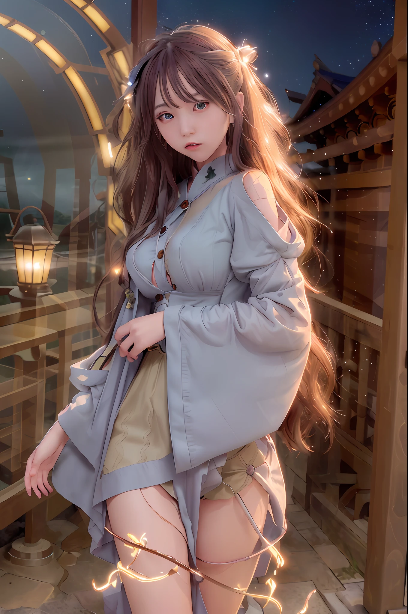 masterpiece,best quality,ultra-detailed,very detailed illustrations,extremely detailed,intricate details,highres,super complex details,extremely detailed 8k cg wallpaper,cowboy shot, caustics,reflection,ray tracing,demontheme,nebula,dark aura,cyber effect, (1girl:1.4),solo,alone,mecha musume,mechanical parts, robot joints,single mechanical arm, headgear, mechanical halo,star halo,intricate mechanical bodysuit, mecha corset, kimono, full armor, very long hair,white hair, hair between eyes, multicolored hair, colored inner hair, red eyes,glowing eye,eye trail, random expressions,random action, ancient japanese architecture,pond, starry sky,skyline,