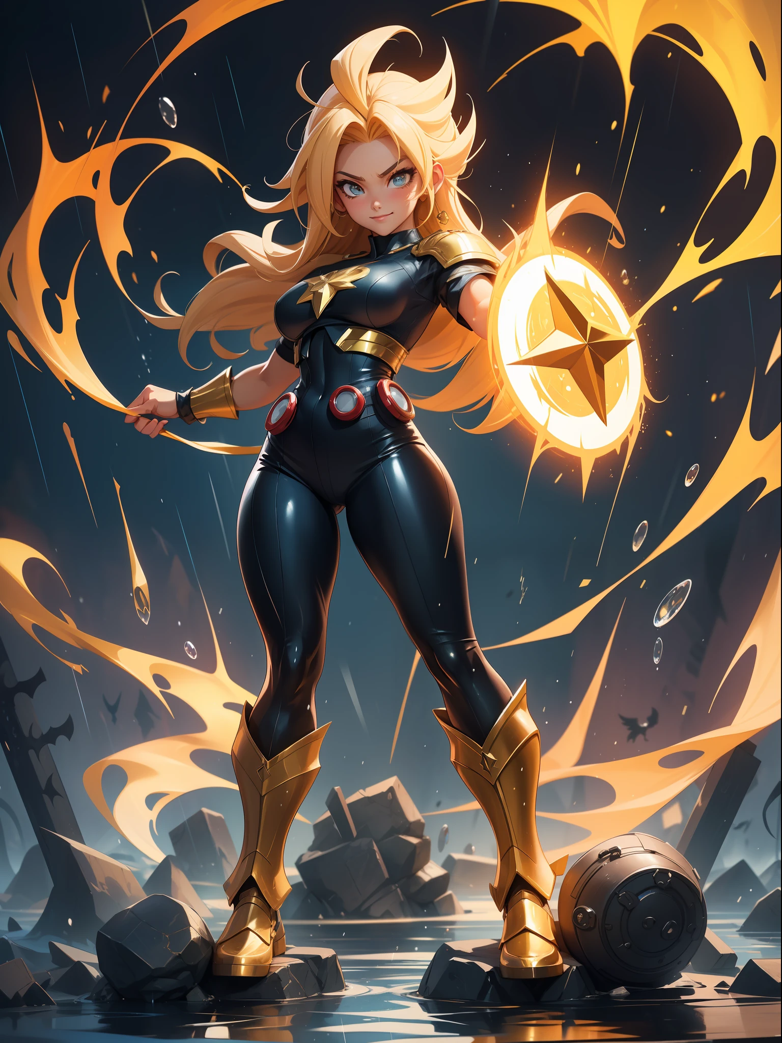 ((Full body photo, feet on the ground, straight body, Anime knights of the zodiac)), ((Laura/woman, medium breasts, extremely beautiful)), ((Super Saiyan Superior Instinct)) {transformed into Super Saiyan} wearing Captain America's child's costume/extremely tight on the body, emanating golden magic aura circling furiously around the body. Background, completely destroyed city at night raining hard. Her outfit is soaked in water, she's staring at the viewer, smiling, fists clenched, concentrating magical aura, in a front-facing attack pose. Anime zodiac knights, high detail, anime, 16k, UHD, retina, retina, ccurate, anatomically correct, textured skin, super detail, high quality, award winning