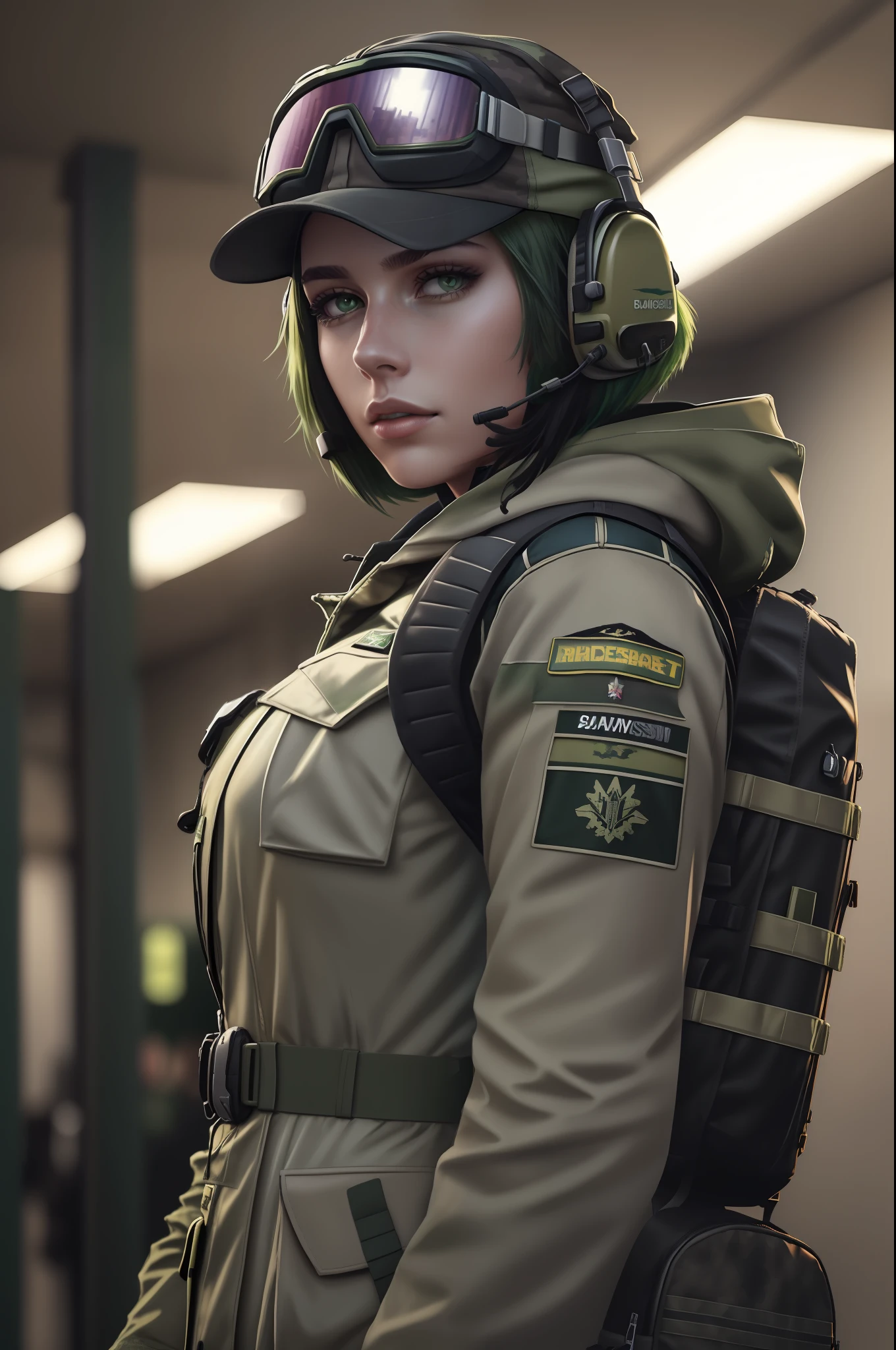 ela_(rainbow_six_siege), masterpiece, best quality, 1girl, solo, goggles, camouflage, backpack, hat, green hair, goggles on head, headset, realistic, short hair, jacket, upper body, headphones, military, looking at viewer, bag, lips, uniform, blurry