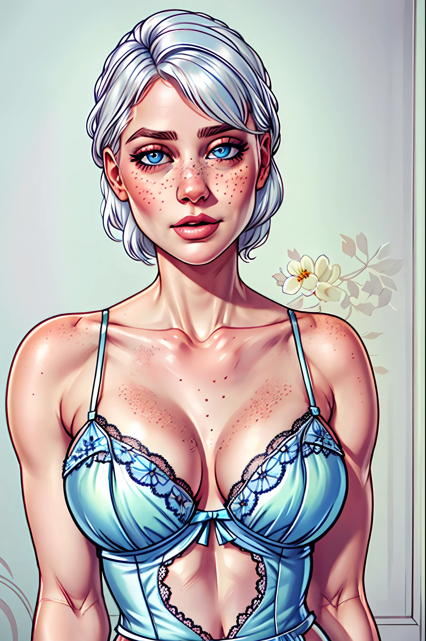 swedish sweaty girl wearing a floral lace lingerie set, best quality, highres, hires, skin definition, detailed skin, detailed eyes, detailed face, platinum hair, sunburnt pale ivory skin, beautidul azure eyes, few freckles