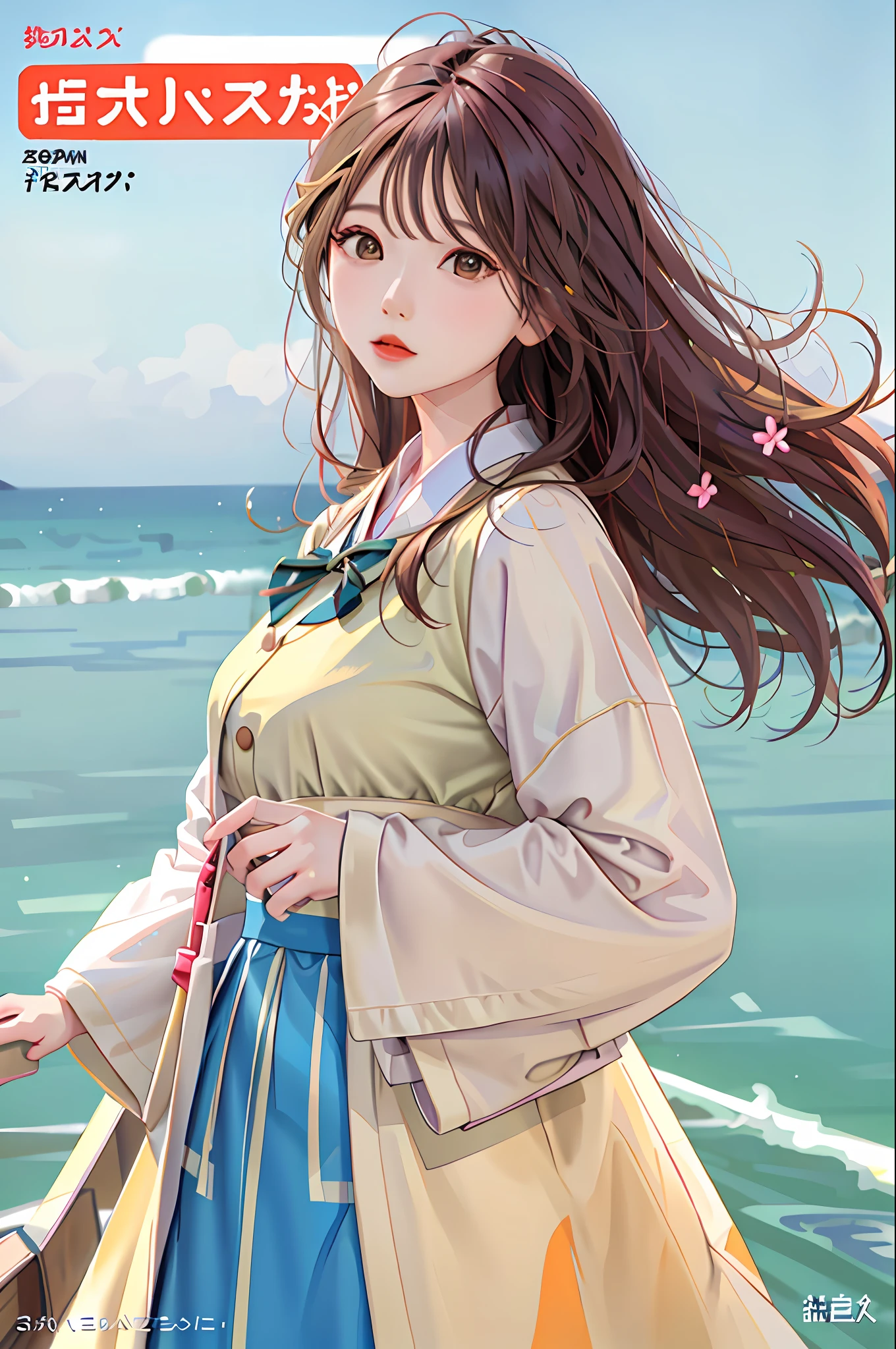 masterpiece, best quality, spring outfit, colorful hair, outdoor, magazine cover ,upper body,