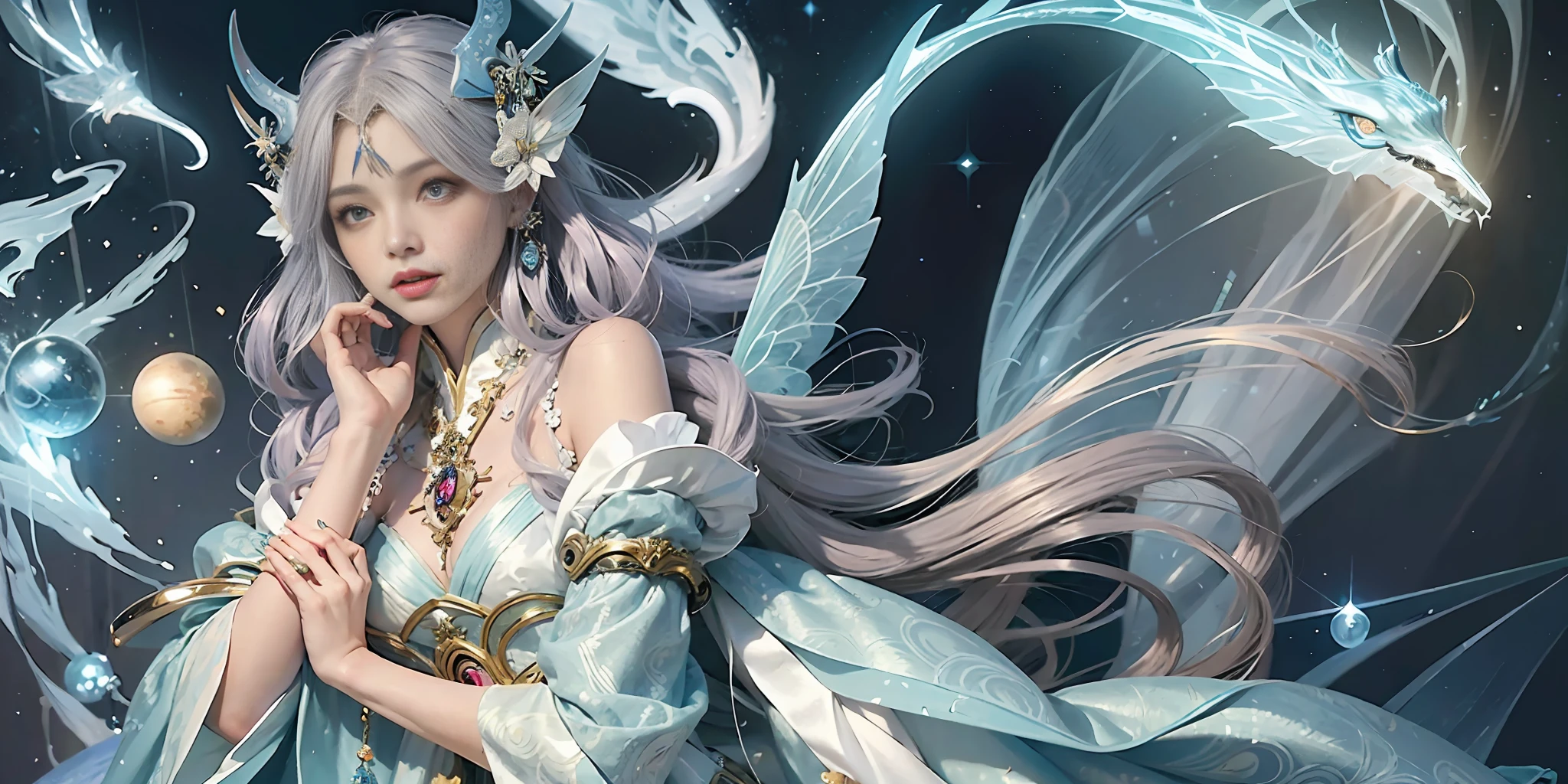 Close-up of a woman in costume, full body fairy, beautiful celestial mage, stunning young ethereal character, beautiful fantasy queen, astral witch costume, Shaxi, flowing magic robe, white Hanfu, fairy fantasy, beauty Delfin, ethereal fantasy, elegant and charming cosplay, Hirase Jinyao, half lying on the ground, charming and colorful, very tumultuous, a sports car behind, night punk style metropolis! Lots of neon