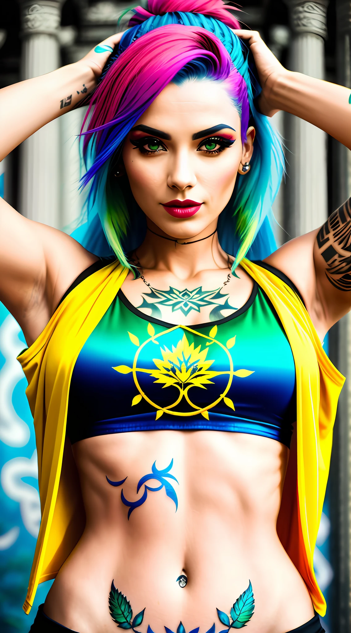 Photograph of a beautiful monster woman with branches and flowers in her hair. (from above:1.2) . Deep neckline, wearing a crop top, yellow-red-blue color, punk woman with runic tattoos. in a fantasy temple. slim, (small breasts), (t-shirt, open vest, midriff). Green hair. Photorealistic. 8k HD. SUPER SHARPNESS ON THE FACE