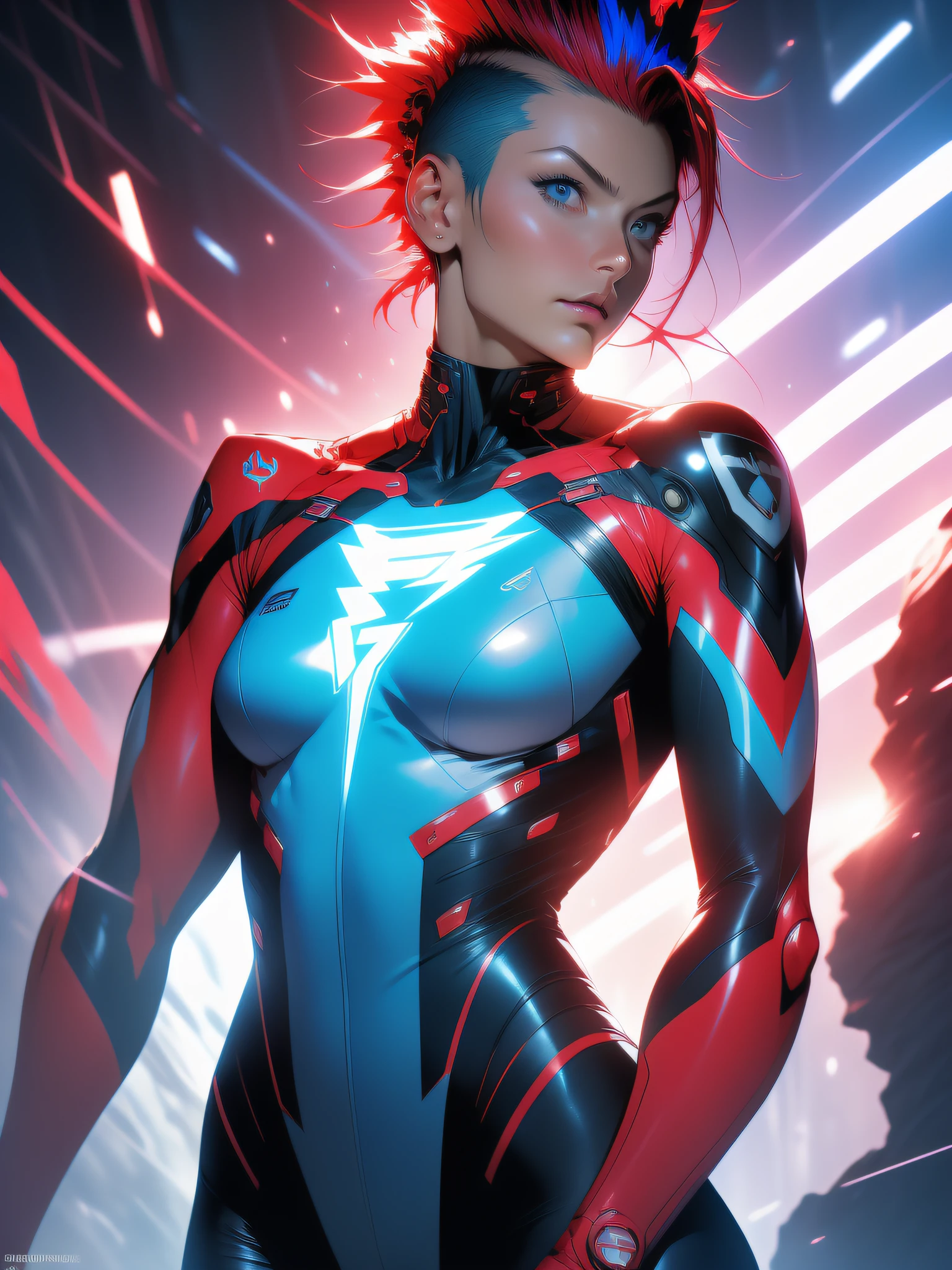 ((Best quality)), ((masterpiece)), (detailed: 1.4), (Absurd), War-ready female fighter pilot, dark skin, flash dc comics, lightning and lightning, muscular sculptural body defined, full body, half-thick naked thighs, closed mouth, muscular body covered in technological clothing, Neon Genesis Evangelion style, cyberpunk, generous neckline, ((perfect medium breasts)), (super light blue eyes without pupils), ((totally red clothes white rays)), (((short straight black mohawk hair)))), long eyelashes and black heavy makeup, garter belt, by mucha, niji --V5, near real, psychopath, crazy face, sexy pose, red and white background, 2 piece clothing, pastel, centered, scale to fit dimensions, HDR (High Dynamic Range),Ray Tracing,NVIDIA RTX,Super-Resolution,Unreal 5, Subsurface Dispersion, PBR Texture, Post-processing, Anisotropic Filtering, Depth of Field, Maximum Clarity and Sharpness, Multilayer Textures, Albedo and Specular Maps, Surface Shading, Accurate Simulation of Light-Material Interaction, Perfect Proportions, Octane Render, Two-Tone Lighting, Wide Aperture, Low ISO, White Balance, Rule of Thirds, 8K RAW, Crysisnanosuit