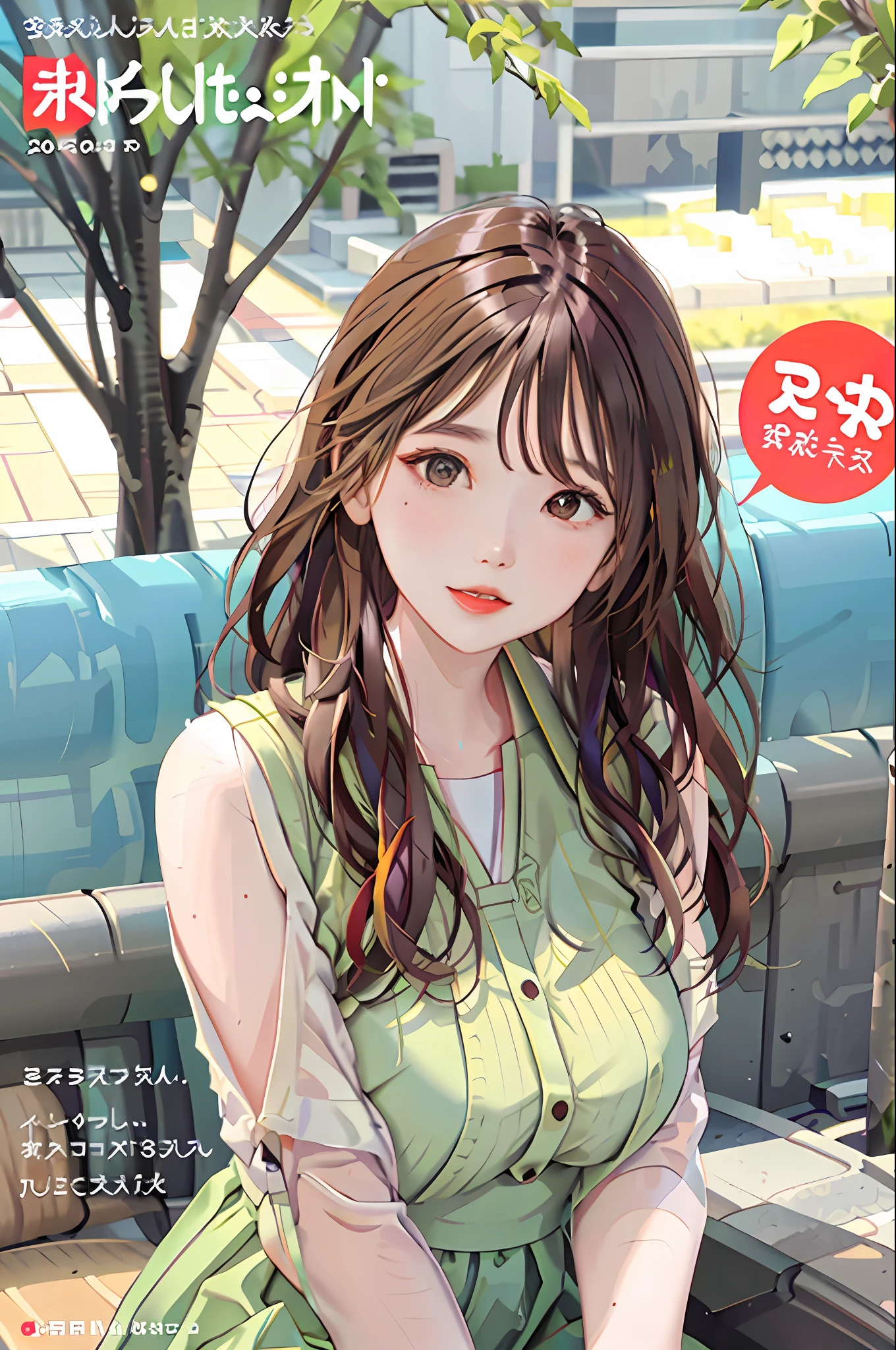 masterpiece, best quality, spring outfit, colorful hair, outdoor, magazine cover ,upper body,