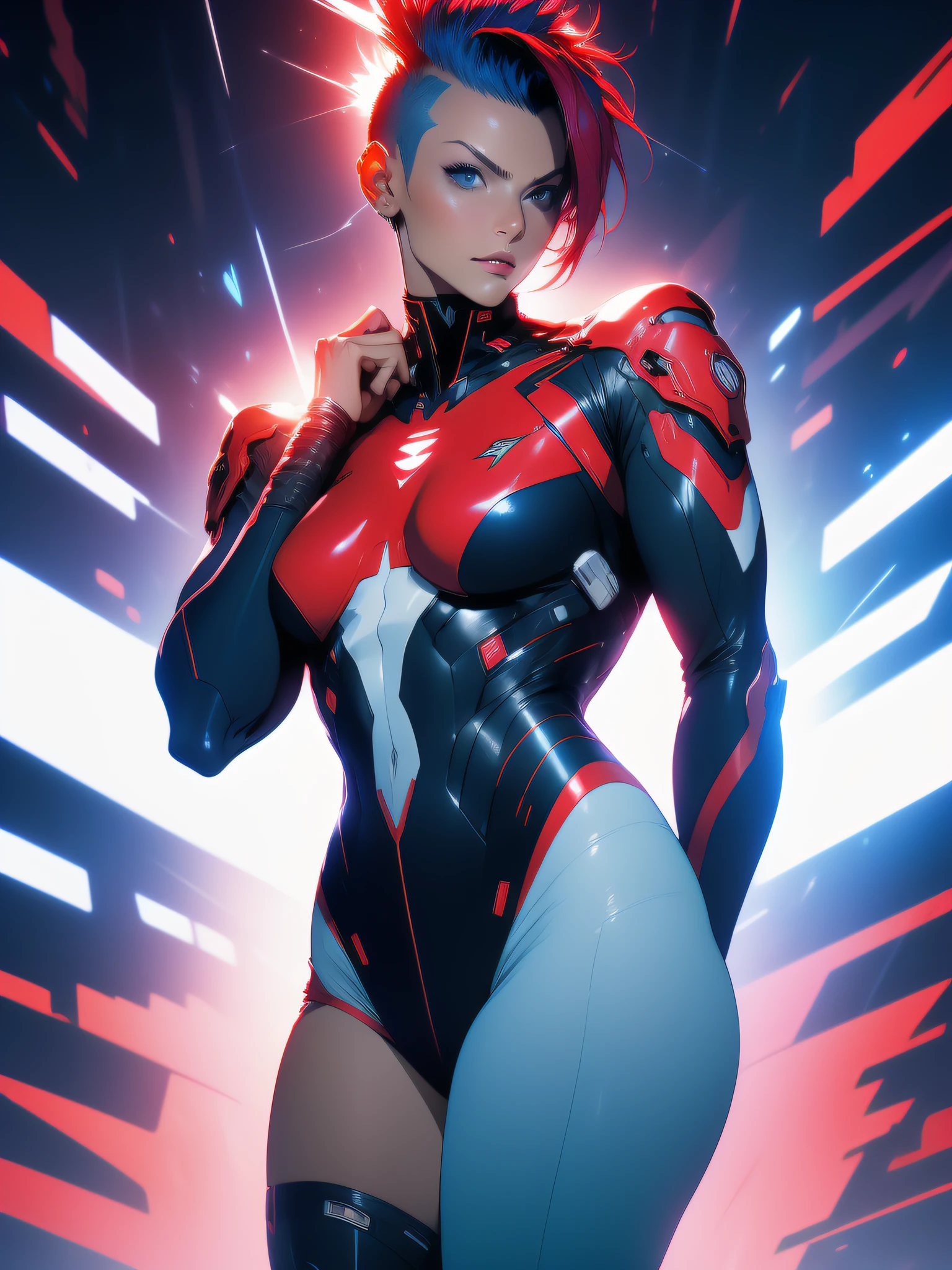 ((Best quality)), ((masterpiece)), (detailed: 1.4), (Absurd), War-ready female fighter pilot, dark skin, flash dc comics, lightning and lightning, muscular sculptural body defined, full body, half-thick naked thighs, closed mouth, muscular body covered in technological clothing, Neon Genesis Evangelion style, cyberpunk, generous neckline, ((perfect medium breasts)), (super light blue eyes without pupils), ((totally red clothes white rays)), (((short straight black mohawk hair)))), long eyelashes and black heavy makeup, garter belt, by mucha, niji --V5, near real, psychopath, crazy face, sexy pose, red and white background, 2 piece clothing, pastel, centered, scale to fit dimensions, HDR (High Dynamic Range),Ray Tracing,NVIDIA RTX,Super-Resolution,Unreal 5, Subsurface Dispersion, PBR Texture, Post-processing, Anisotropic Filtering, Depth of Field, Maximum Clarity and Sharpness, Multilayer Textures, Albedo and Specular Maps, Surface Shading, Accurate Simulation of Light-Material Interaction, Perfect Proportions, Octane Render, Two-Tone Lighting, Wide Aperture, Low ISO, White Balance, Rule of Thirds, 8K RAW, Crysisnanosuit