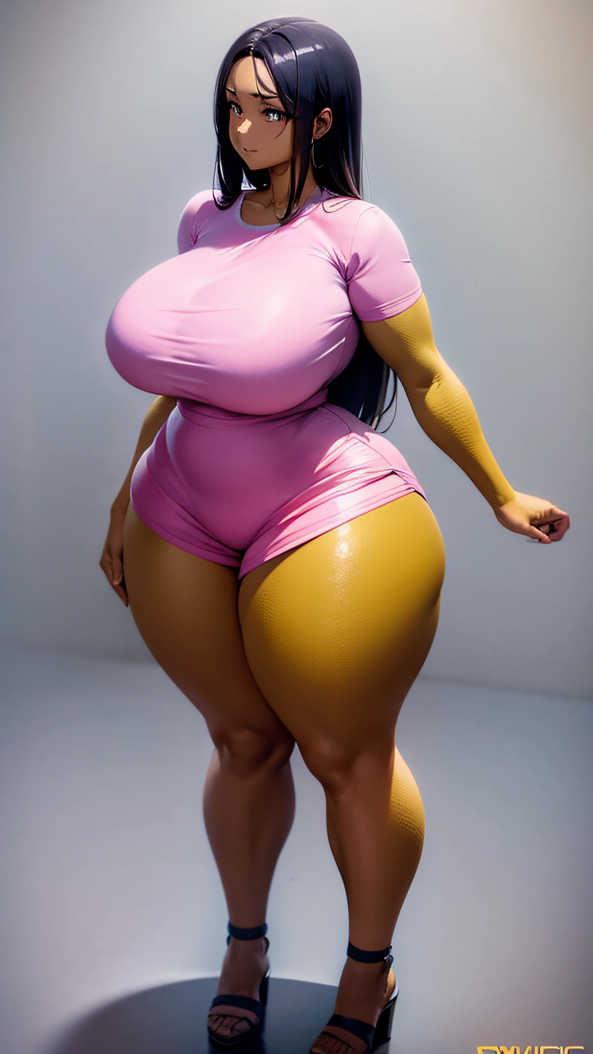 arafed woman in a pink shirt and yellow skirt posing, thicc, thick body, hyperrealistic full figure, character is in her natural pose, large hips, she has a jiggly fat round belly, beautiful thick female, thick, highly detailed character, thick thighs, full body cgsociety, wide hips, extremely detailed woman, widest hips