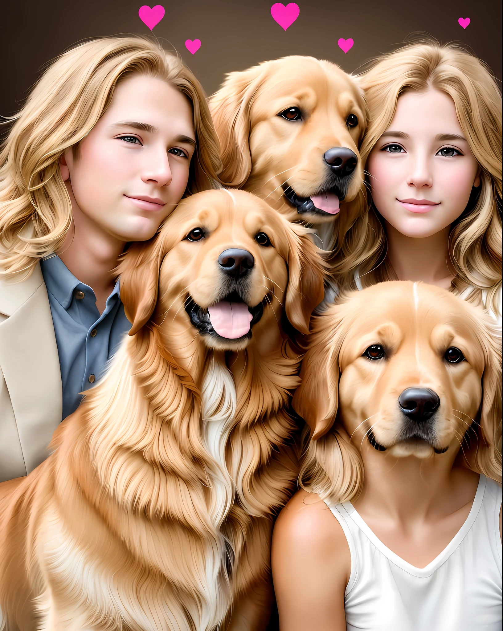 Brown haired girl, handsome man and two golden retriever dogs, background with hearts, realistic art, family portrait, digital art. photorealistic photo, high quality portrait, ultra realistic portrait, realistic painting style, extremely realistic photo, realistic photo portrait, photorealistic style, realistic image, very realistic, with dogs, detailed portrait, very very realistic, detailed color portrait